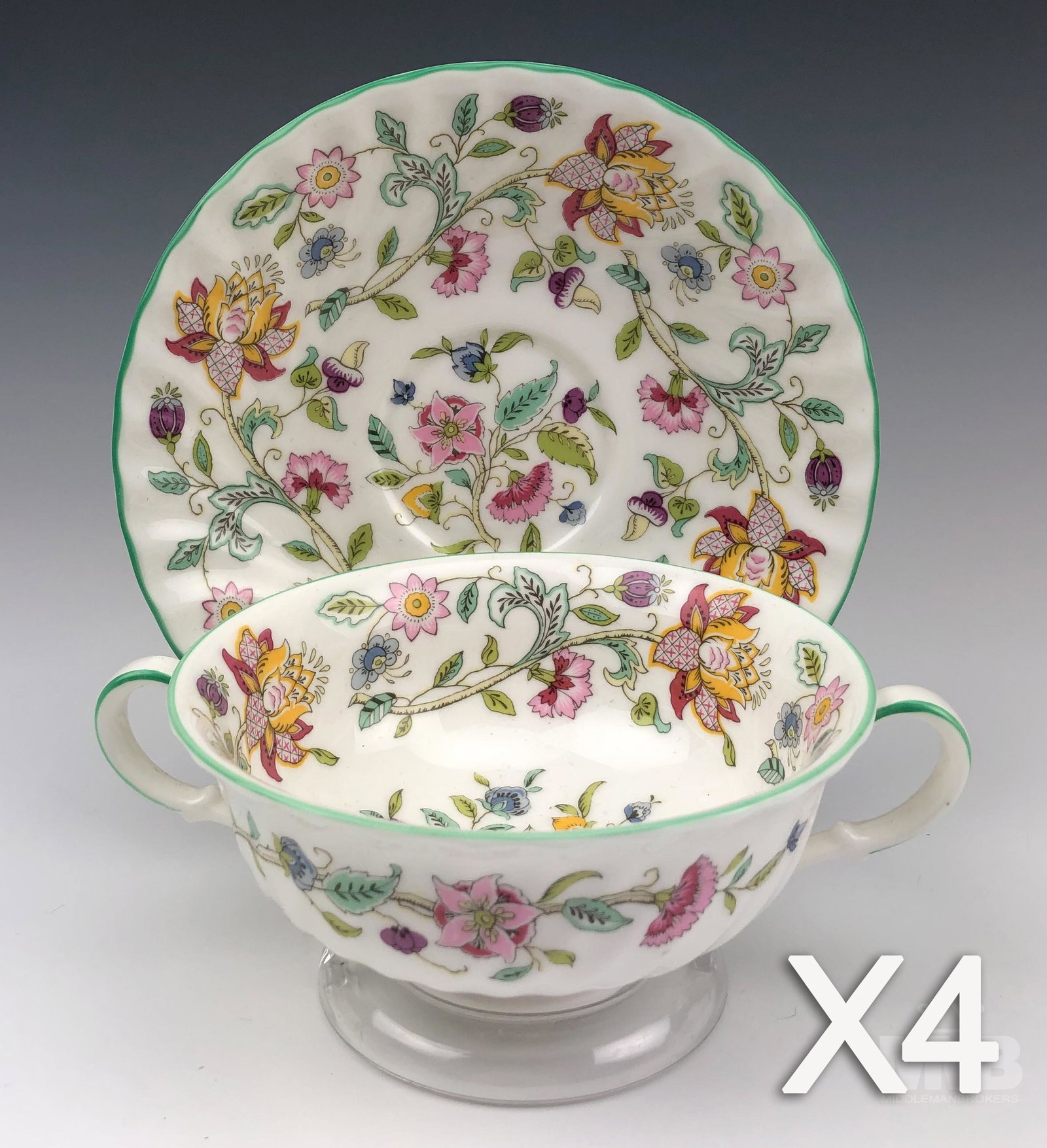 4 Minton Haddon Hall Cream Soup Bowl & Saucer Set: Set of 4 Minton Haddon Hall Flat Footed Cream Soup Bowl and Saucer Set. Pattern number B-1451. Bone China manufactured by Minton China Company. Made in England. In production from 1948-2011. Discontin