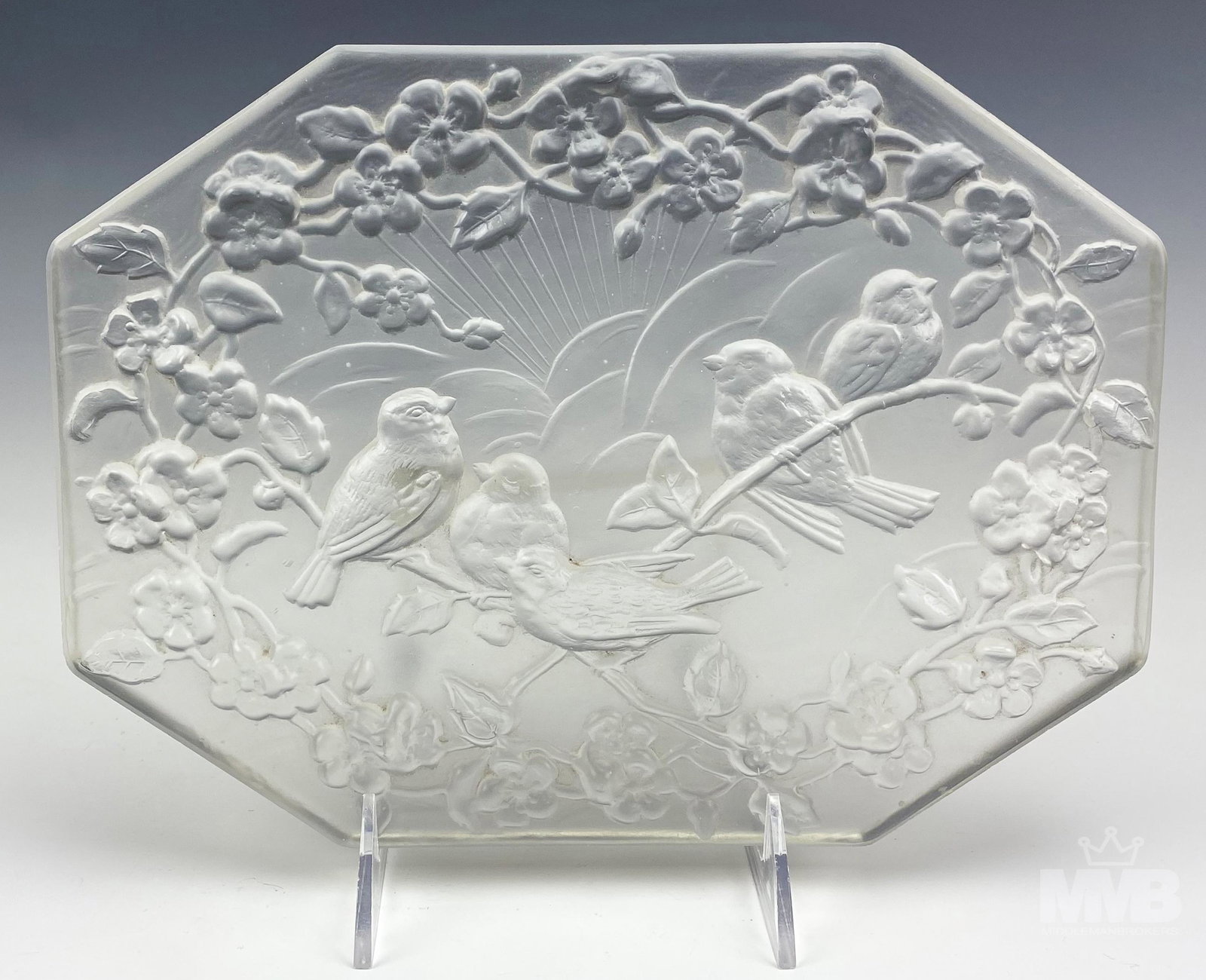 Birds & Cherry Blossom Art Glass Crystal Plaque: Crystal Birds and Cherry Blossom Art Glass Plaque Sculpture. Original image of small birds flocking beneath cherry blossom flowers. Engraved into a piece of glass crystal to create a three-dimensional