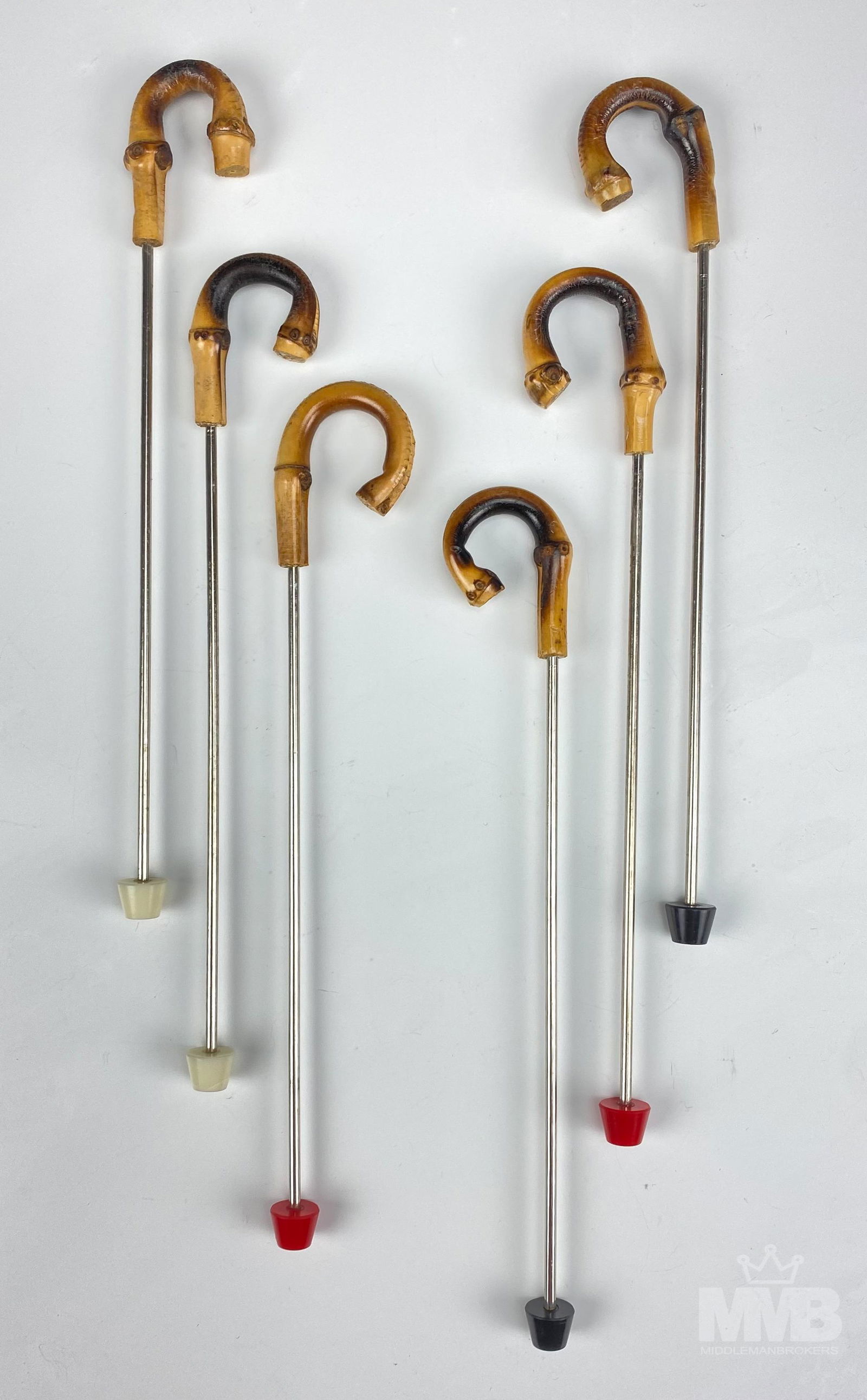 Mid Century Curved Handle Bamboo Swizzle Sticks: 6 - Mid Century Curved Handle Bamboo Cane Cocktail Swizzle Sticks. Can also be used as fancy appetizer toothpicks, kabob skewers, fruit and sandwich picks. Stainless steel shaft with colored screw-off