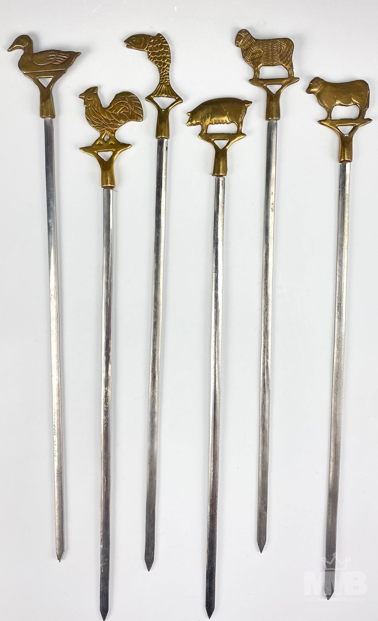 6 Brass & Stainless Steel Skewers w Animal Design (1 of 6)