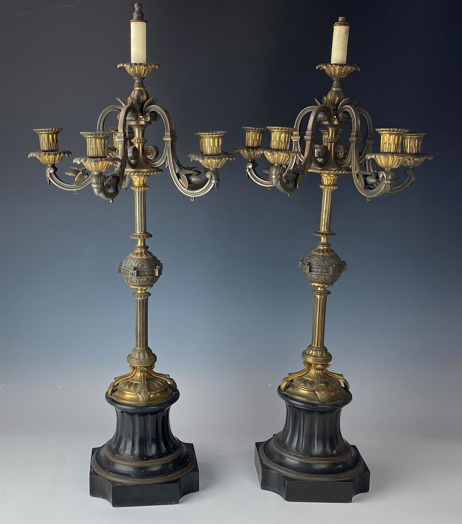 Pair French Style Bronze Marble Mantle Candelabras (1 of 4)