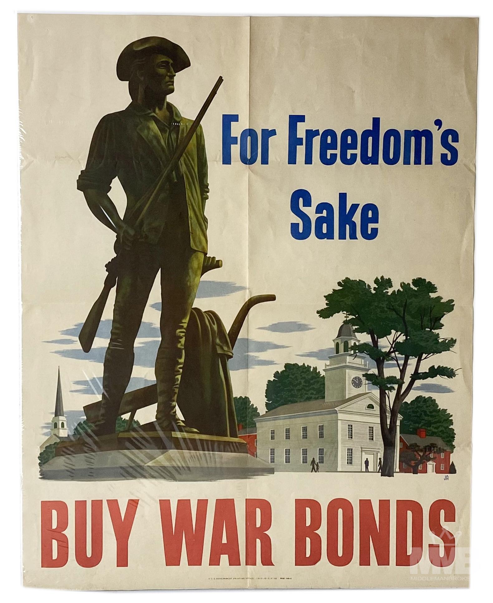 WWII For Freedom's Sake John Atherton War Poster: WWII For Freedom's Sake John Atherton Poster. Depicts a colonial militiaman holding a rifle with his hand on a plow. In the background is a colonial church and there is a large color illustration of t