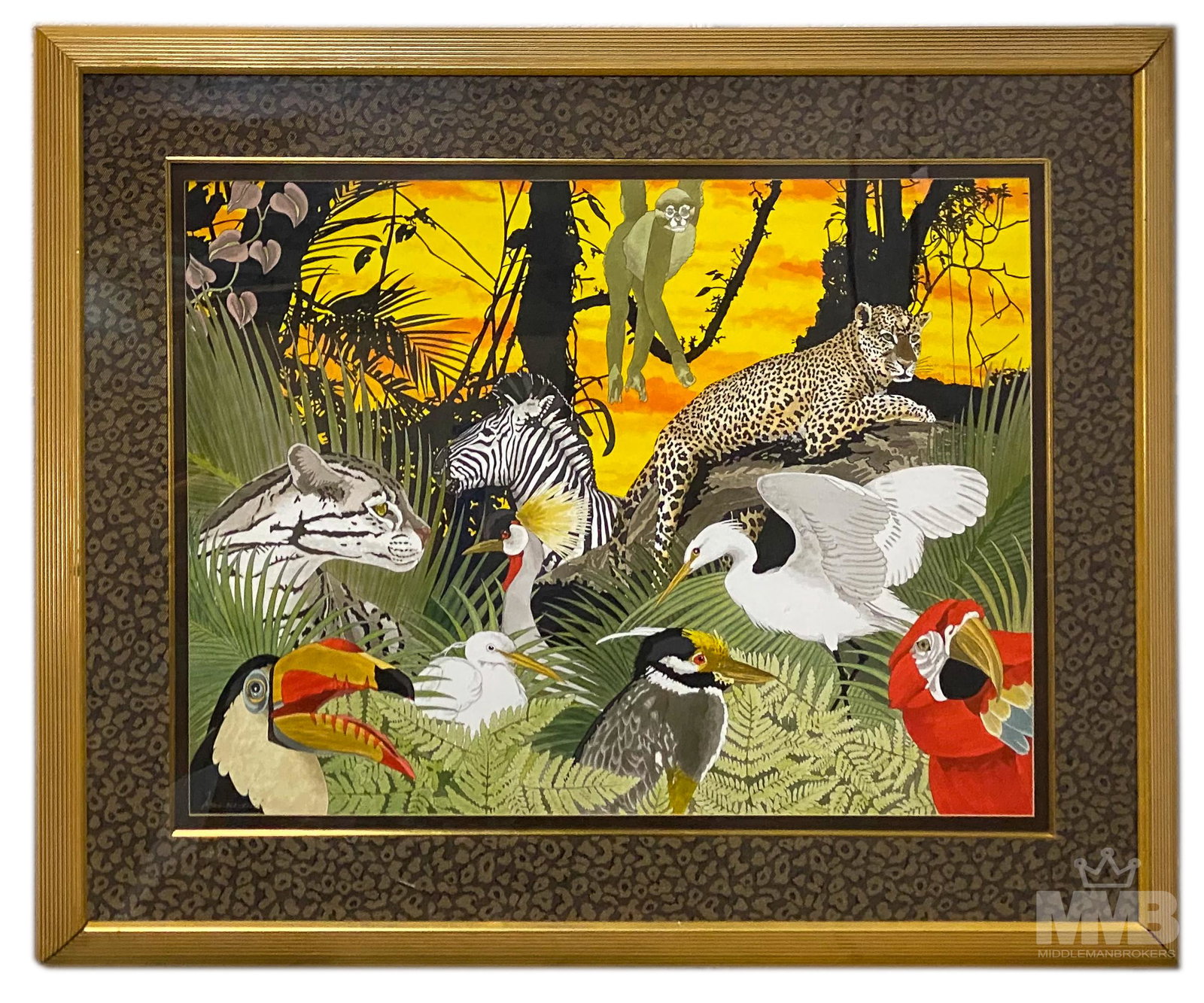 Mystery Artist Wildlife Animal Watercolor Painting: Mystery Artist jungle scene with animals painting. Watercolor on canvas. Depicts exotic animals including monkey, tigers, zebra, leopards and birds. Artist signature lower left. Board is surrounded by