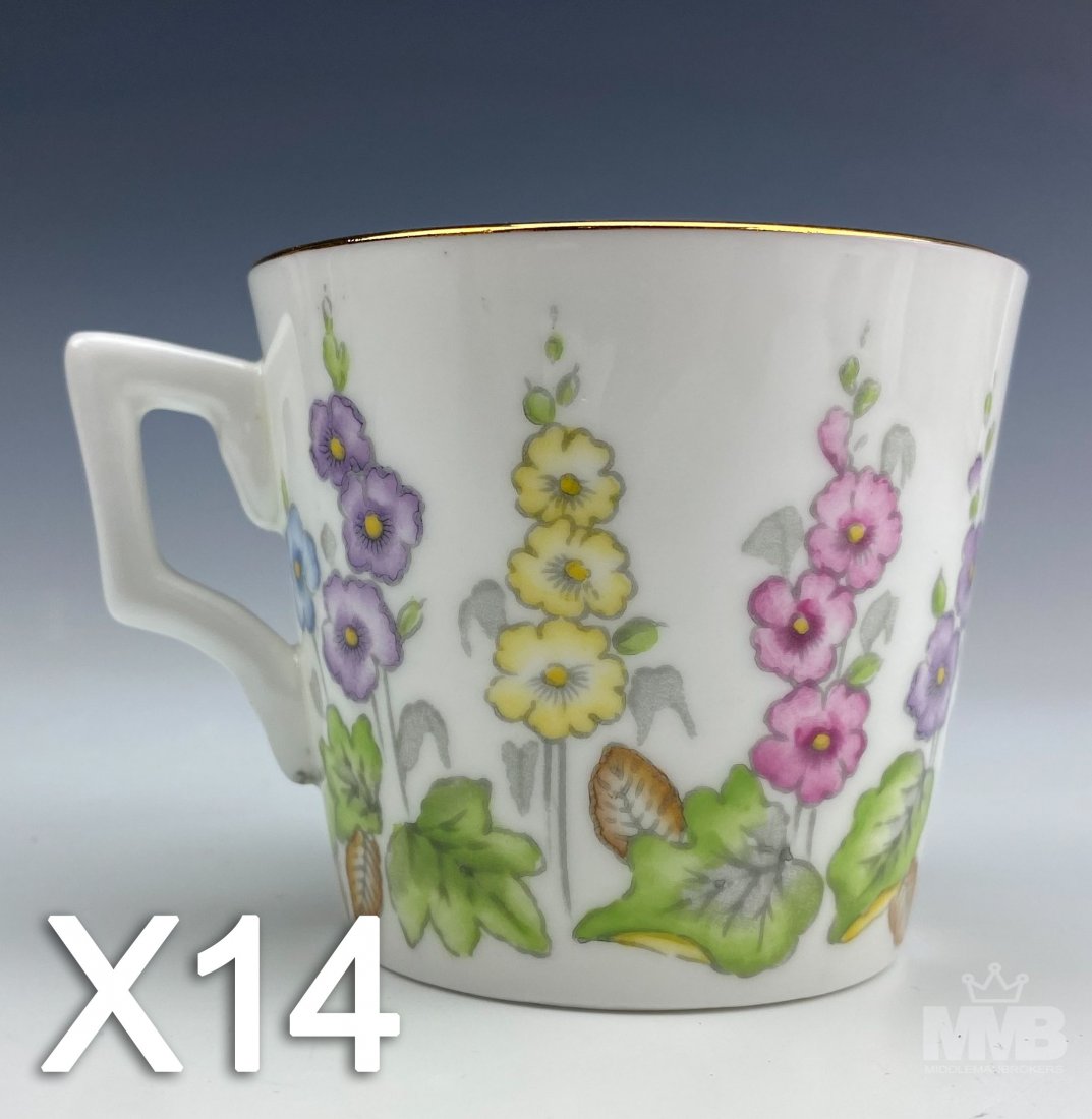 14 Hammersley & Co Bone China Floral Tea Cups: Set of Neiman-Marcus Hammersley & Co bone china tea coffee cups. Features floral design on an ivory white plate with a gold trim. Marked on verso. Good overall condition with mild storage wear. Measur