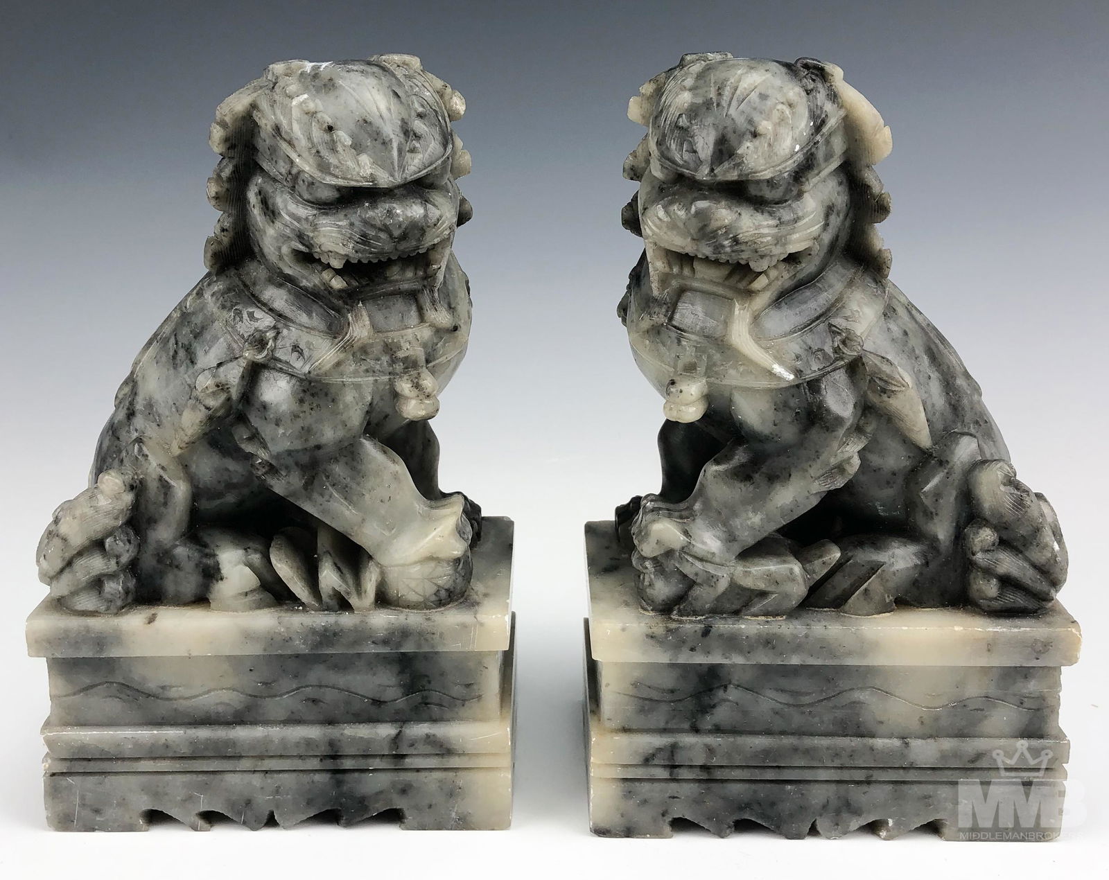 Chinese Pair of Hand Carved Soapstone Foo Dogs (1 of 5)