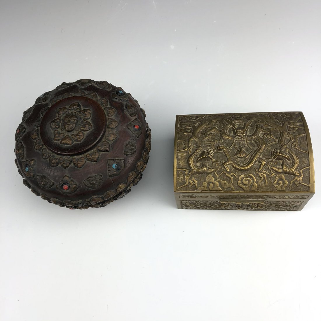Chinese Brass & Wood Inlay Dragon Trinket Box (1 of 1)