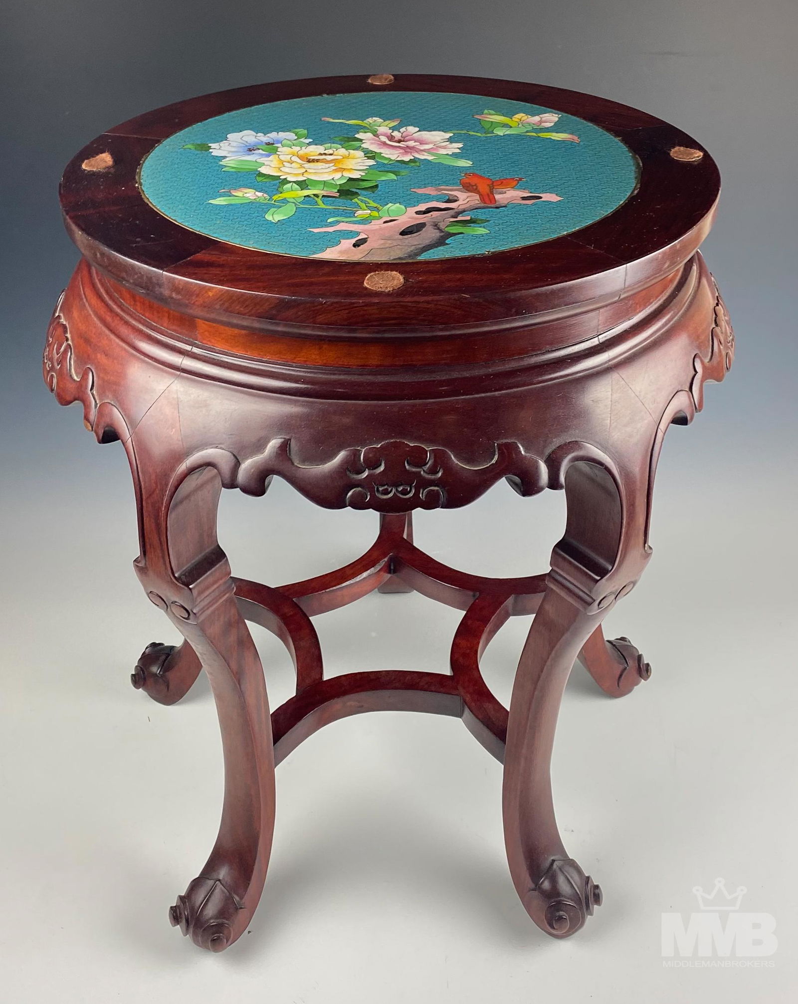 Chinese Cloisonne Enamel Top 20" Rosewood Table (1 of 4)