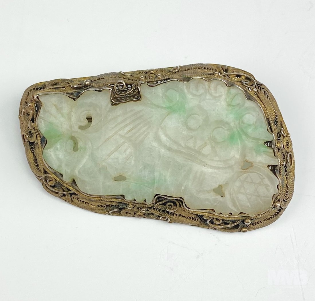 Chinese Carved Silver Gilt Filigree Jade Brooch (1 of 4)