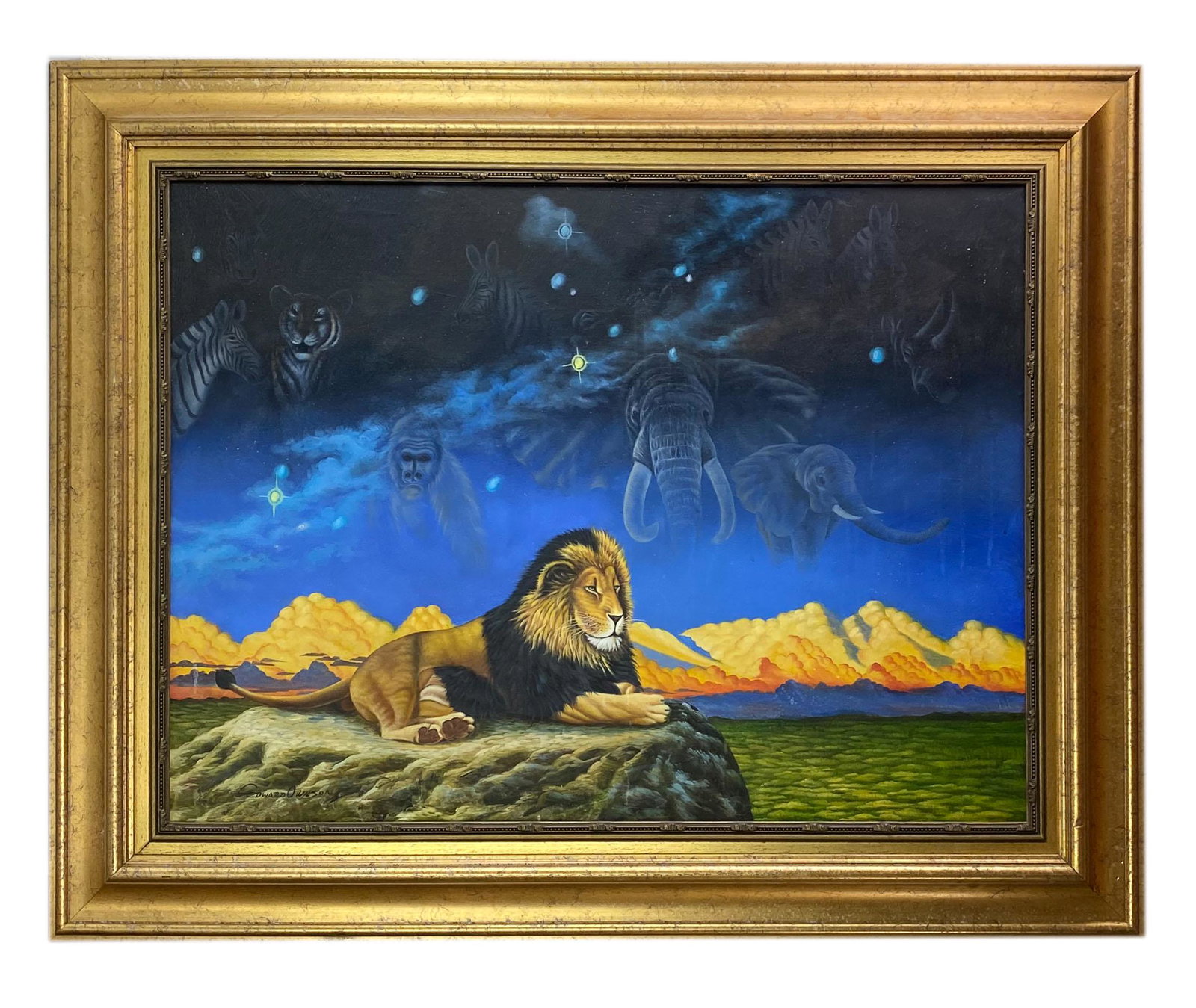 Edward Dawson African Animal Safari Oil Painting: Features the majestic and powerful king of the jungle seated on a rock, against a moonlit background featuring faces of a tiger, zebra, elephant and rhino. Measures 4 1/4 in x 51 in. Work size window 