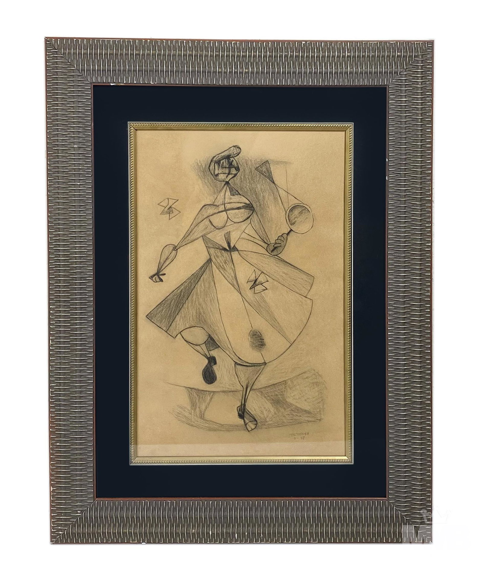 Abstract 20th C Cubist Drawing after Rufino Tamayo: Rufino Tamayo (American/Mexican, 1899 - 1991) Drawing on paper. Depicts a cubist depiction of a woman in a dress. Signed lower right and dated 47'. Work measures 17 1/2 in x 11 in. Housed in frame mea