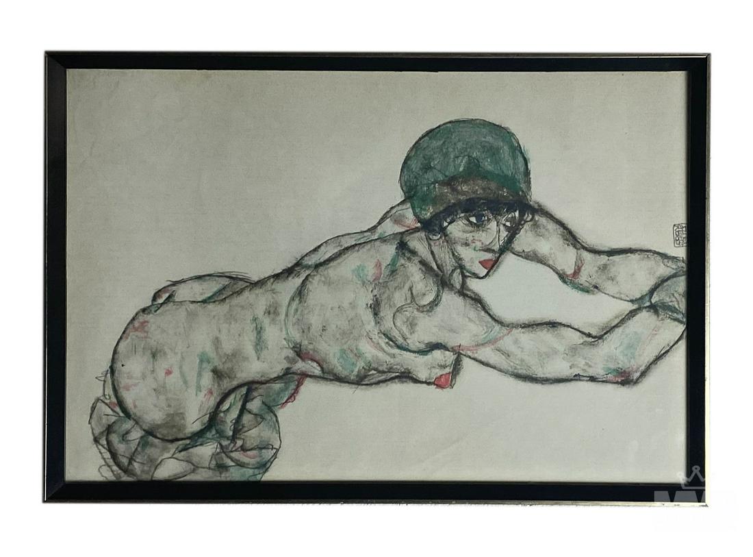 Nude Expressionist Art Print after Egon Schiele: Print on paper, after Egon Schiele (Austrian, 1890-1918). A portrait of a reposed nude woman wearing a green hat, possibly a study of the artist's wife, Edith Schiele. Accented in red and green. Signe