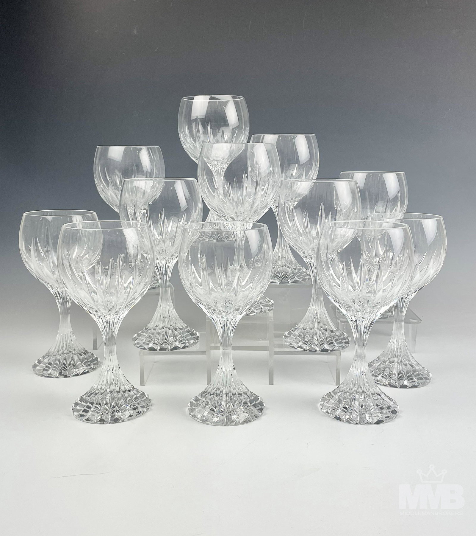 Baccarat French Crystal Massena Wine Water Goblets: Baccarat (French). Massena collection of 12 crystal stemware goblets. Measures 7 in x 3 1/4 in. Etched BACCARAT FRANCE stamp to bottom. Good overall condition. MMB in house continental USA shipping $9