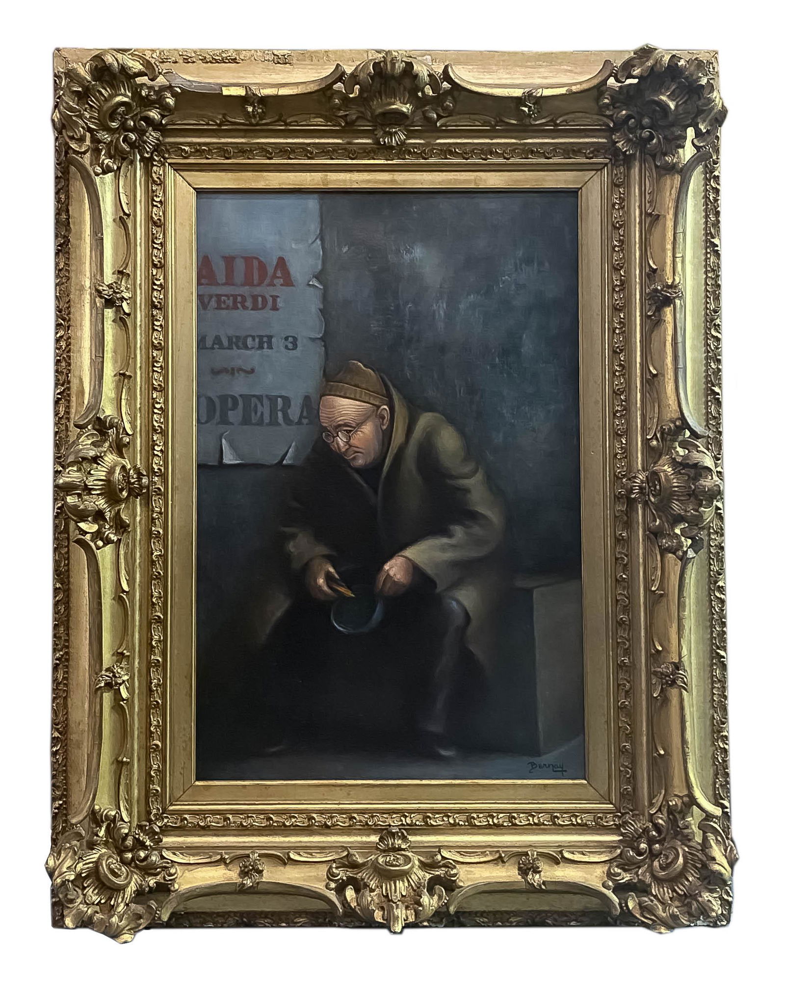 Betti Bernay (1926-2010) Beggar Portrait Painting: Betti Bernay (American, 1926-2010). Original oil on canvas painting. Titled "The Old Beggar" on verso. Portrait depicts an old man with glasses wearing a hat and a coat sitting down begging in the str