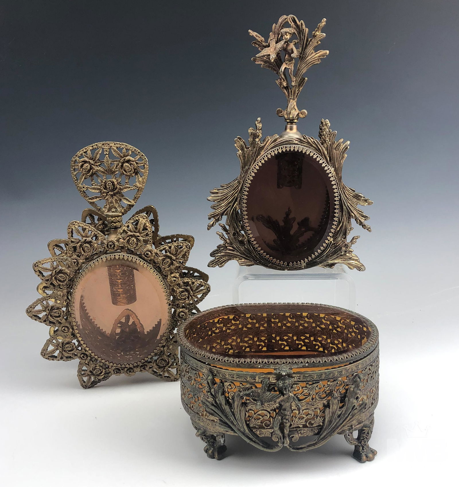 Art Nouveau Filigree Ormolu Perfume Bottles & Box (1 of 7)