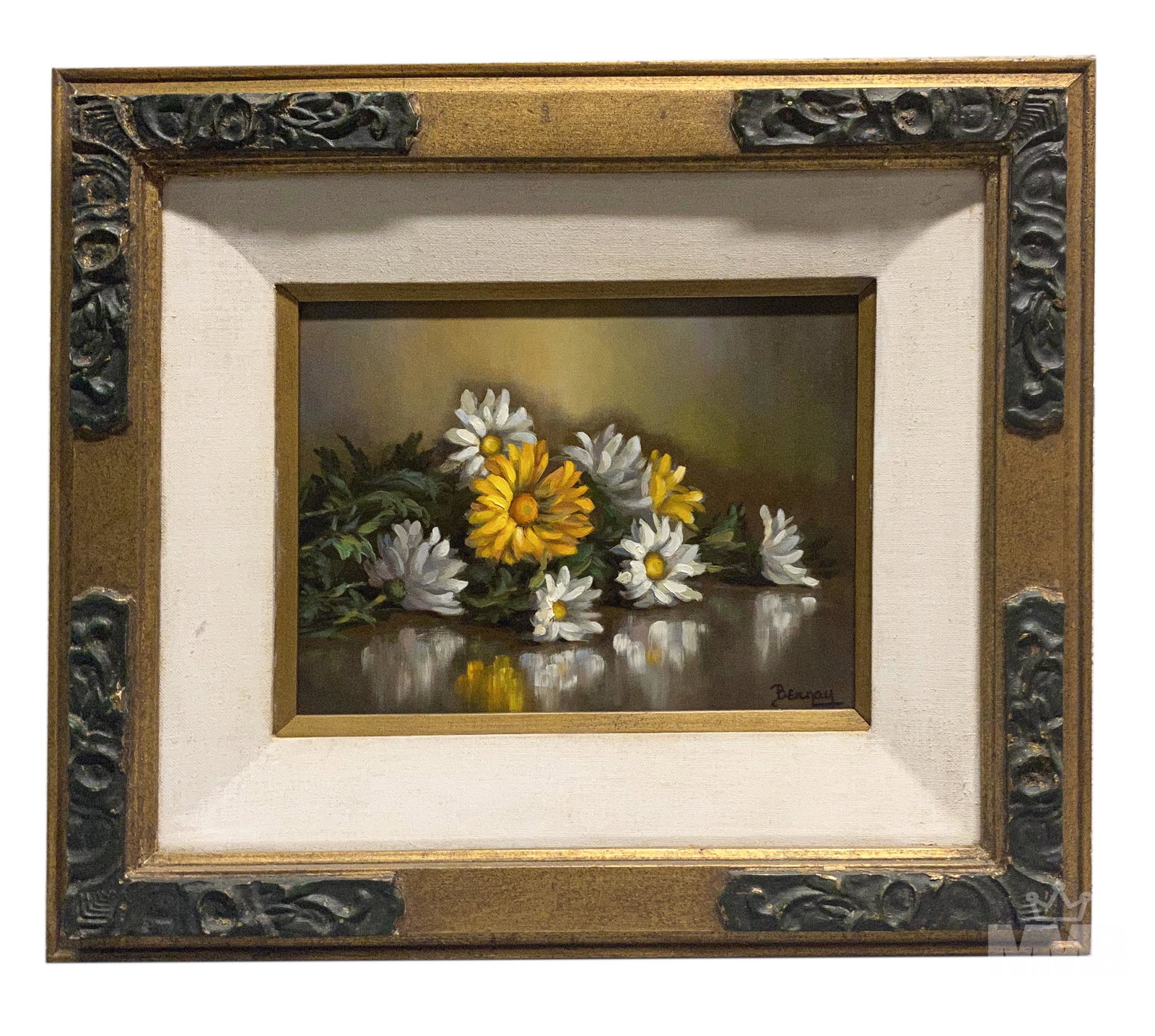 Betti Bernay (1926-2010) Daisy Still Life Painting: Betti Bernay (American, 1926-2010). Original oil on board painting. Titled "Daisies" on verso. Still life depicts still life of orange and yellow daisies. Artist signature lower right. Good condition.