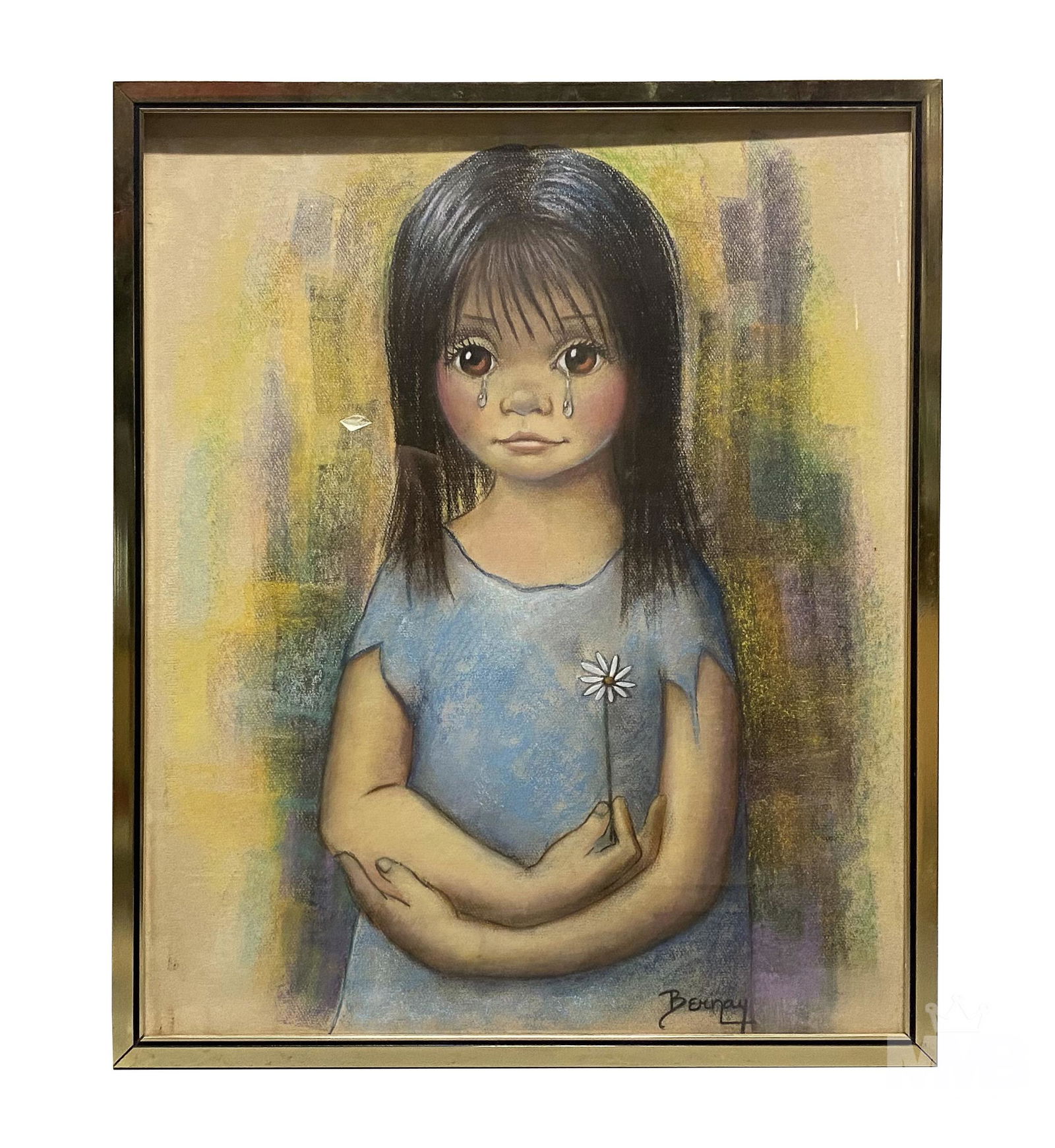 Betti Bernay 1926-2010 Big Eyed Portrait Painting: Betti Bernay (American, 1926-2010). Original oil on board painting. Portrait depicts a big brown eyed young girl crying in a blue dress holding a single daisy flower. Housed in gold frame. Artist sign