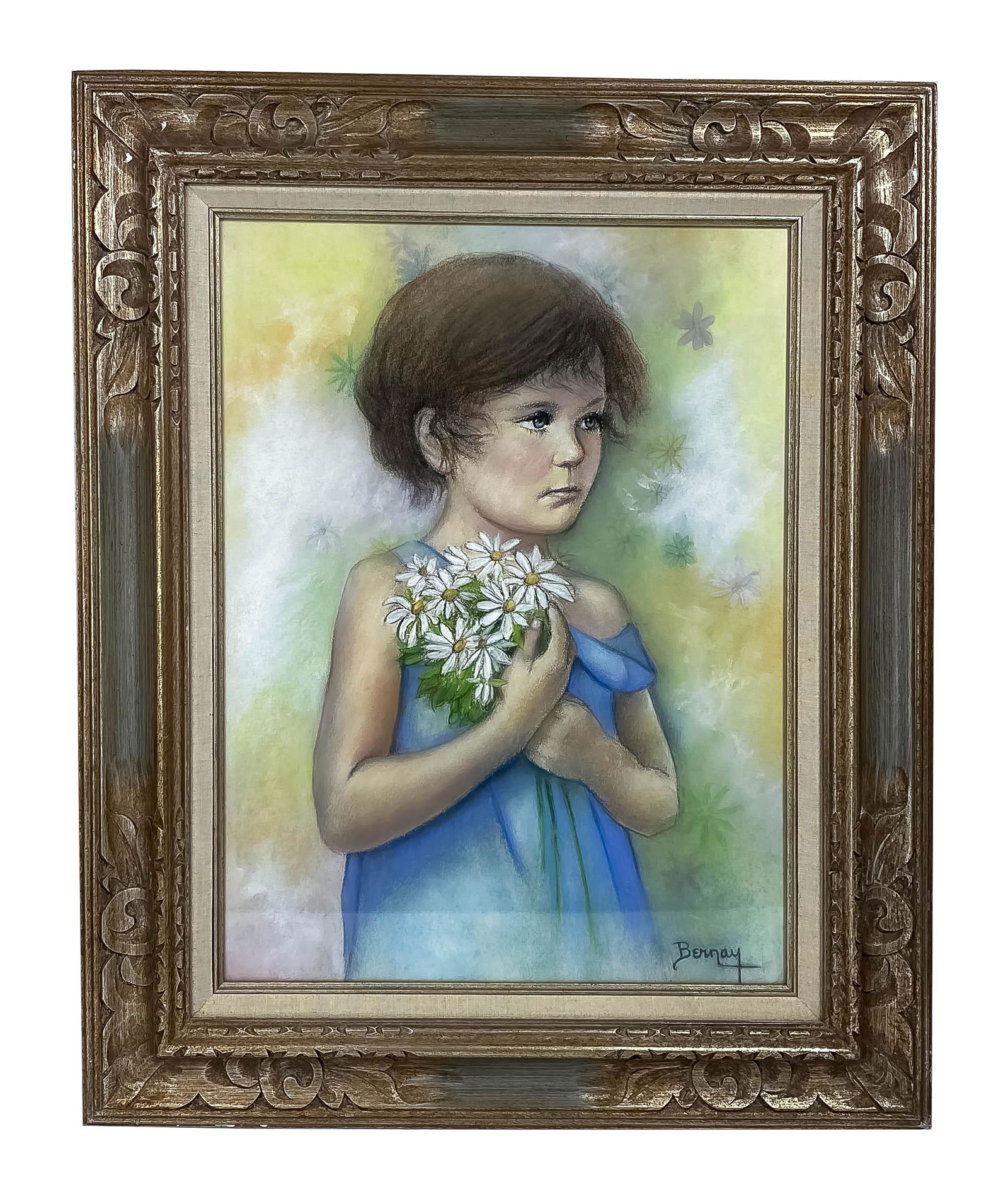 Betti Bernay 1926-2010 Girl in Blue Dress Painting: Betti Bernay (American, 1926-2010). Original oil on board painting. Portrait depicts a side angle view of a big blue eyed brown haired young girl in a blue dress holding a bouquet of white daisies. Ho