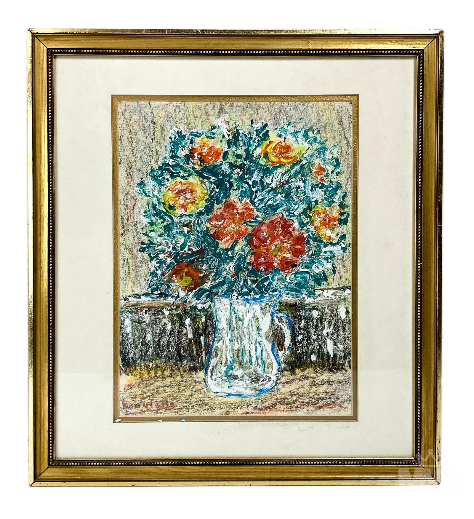 Michel Kouliche French Impressionist Oil Painting: Michel Kouliche (France, 1922 - 2010) Original oil on paper painting. Depicts a still life scene with a pitcher full of flowers. Signed lower left. Housed in frame. Work measures 12 in x 9 in; frame m