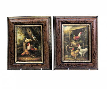 Edgar Hunt 1876-1955 English Barnyard Painting SET: Edgar Hunt (England, 1876-1955) Two original oil on board paintings. Each depicts a barnyard farm scene with chickens in the artists style. Housed in wooden frame. Good condition, frame having normal