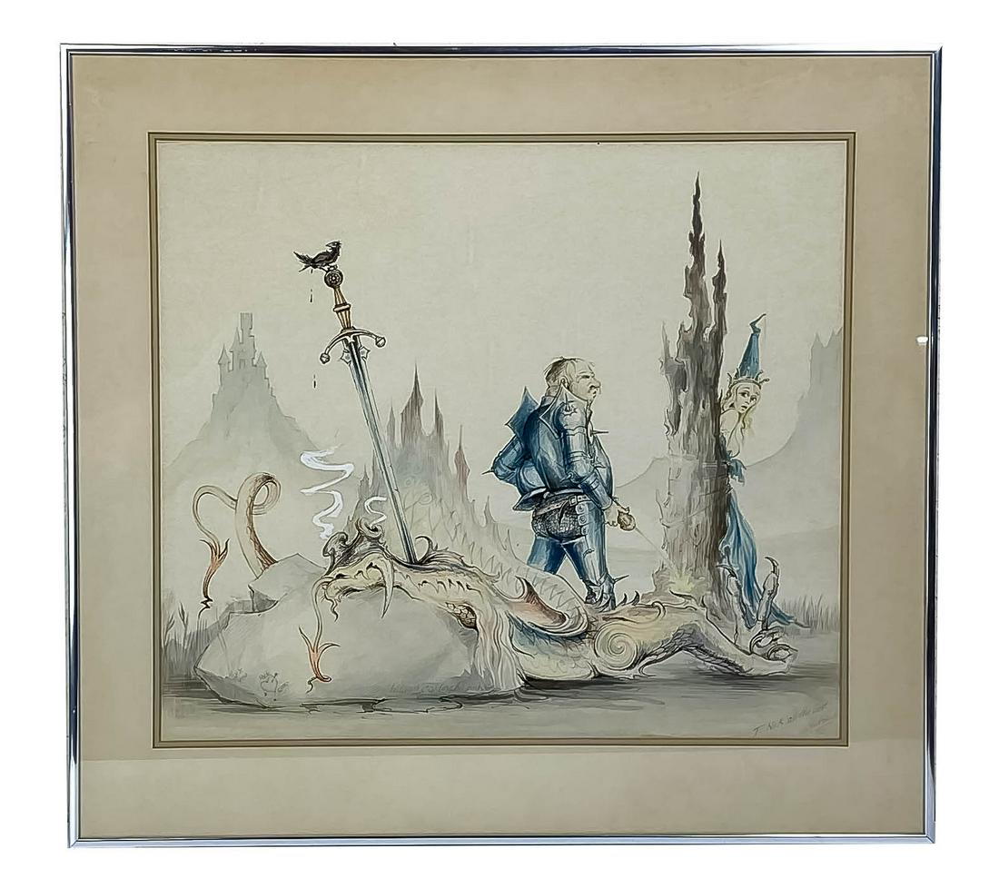William Fielding 20c Watercolor Fairytale Painting: William Fielding (20th Century). Original watercolor painting. Depicts a man slaying a dragon in attempts to rescue the princess. Signed lower center and lower right. Dated 1970. Housed in metal frame