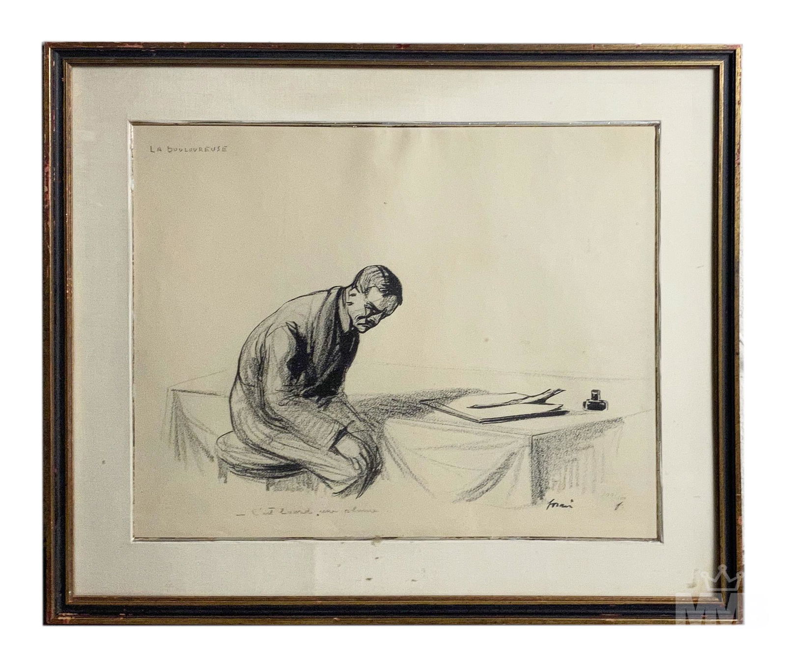 Jean Louis Forain 1852-1931 Portrait Lithograph: Jean-Louis Forain (French,1852-1931) .Lithograph on paper. Titled " La douloureuse (c'est lourd une plume)" located on op left and bottom left. Portrait depicts man sitting at desk looking somber. Hou