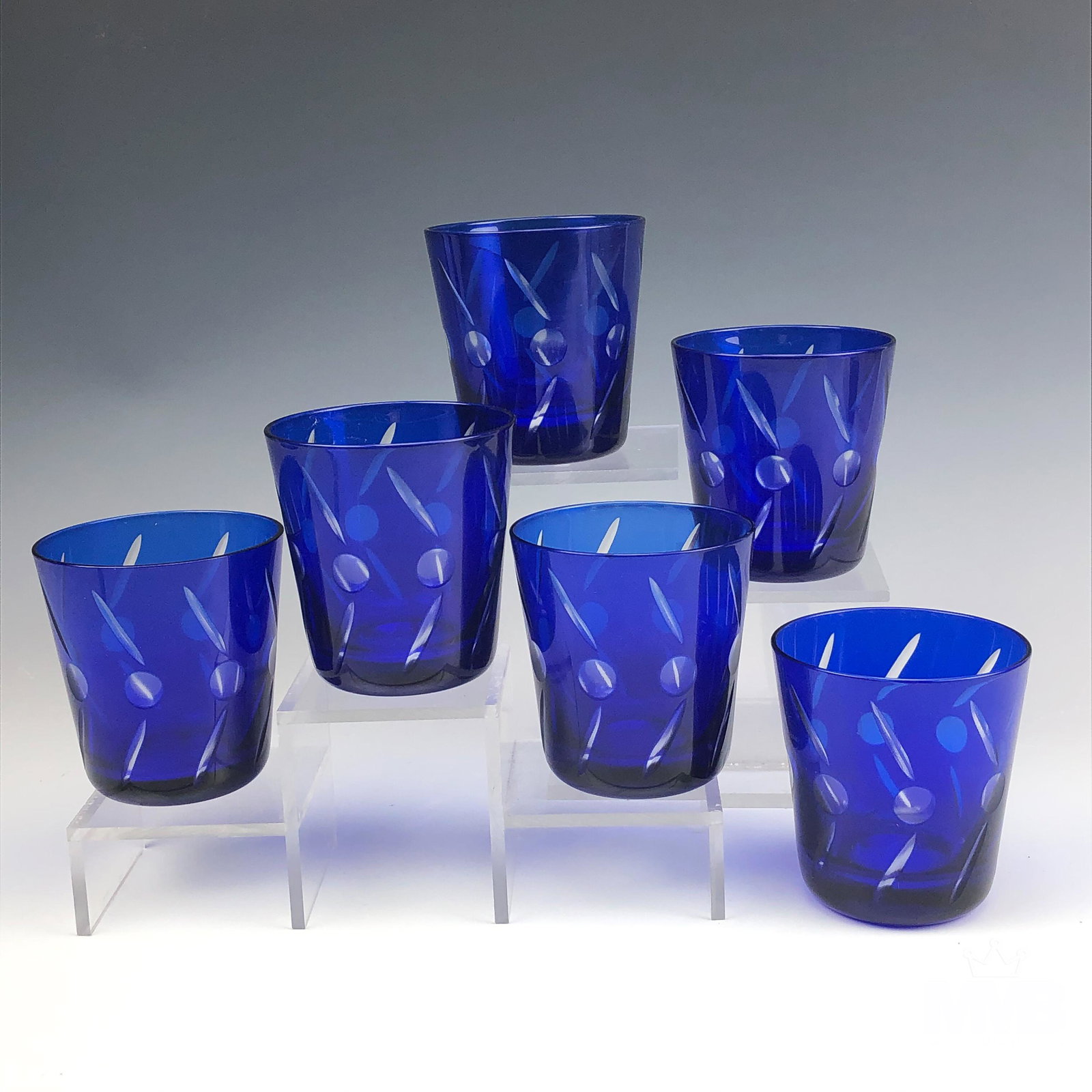 Set of 6 Bohemian Czech Cobalt Cut Clear Glasses: Set of 6 Bohemian and Czech style cobalt blue cut to clear glasses with identical designs. Good overall condition with mild storage wear. Measures approximately 3 1/2 in. x 3 1/4 in. x 3 1/4 in. MMB i