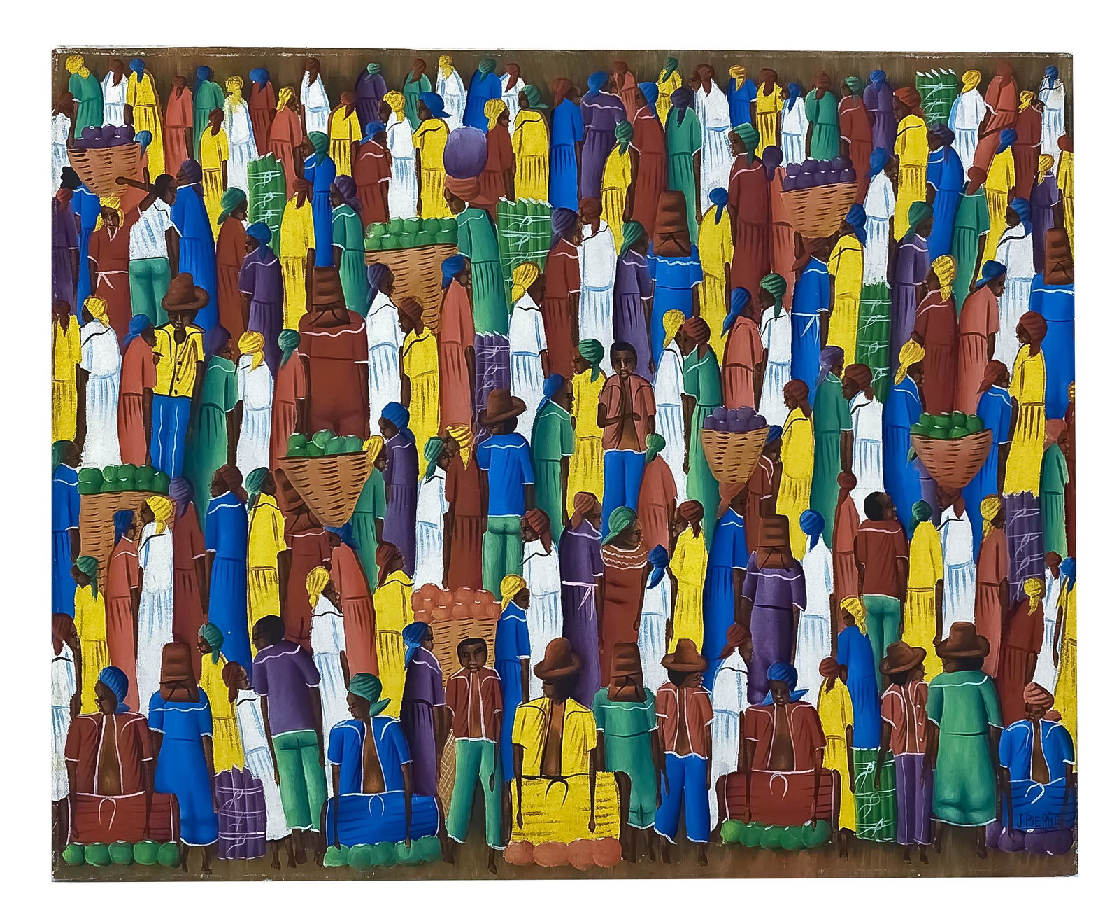 J. Pierre SIGNED Haitian Acrylic Folk Art Painting: J. Pierre (Haitian, 20th to 21st Century). Original acrylic on canvas. Colorful Haiti folk art . Artist signature lower right. Good condition. Measures 20 in. x16 1/4 in. MMB Inc. in house USA contine