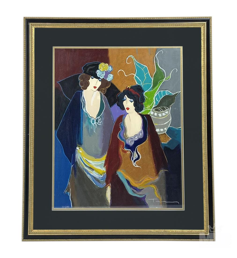 Itzchak Tarkay (1935-1912) Signed Women Serigraph: Itzchak Tarkay (Israeli,1935-1912) Serigraph in color on wove paper. Titled "Ladies Standing", 1997, depicting two women in colorful attire. Edition 280/350. Signed in crayon lower right. Work: 22 in.