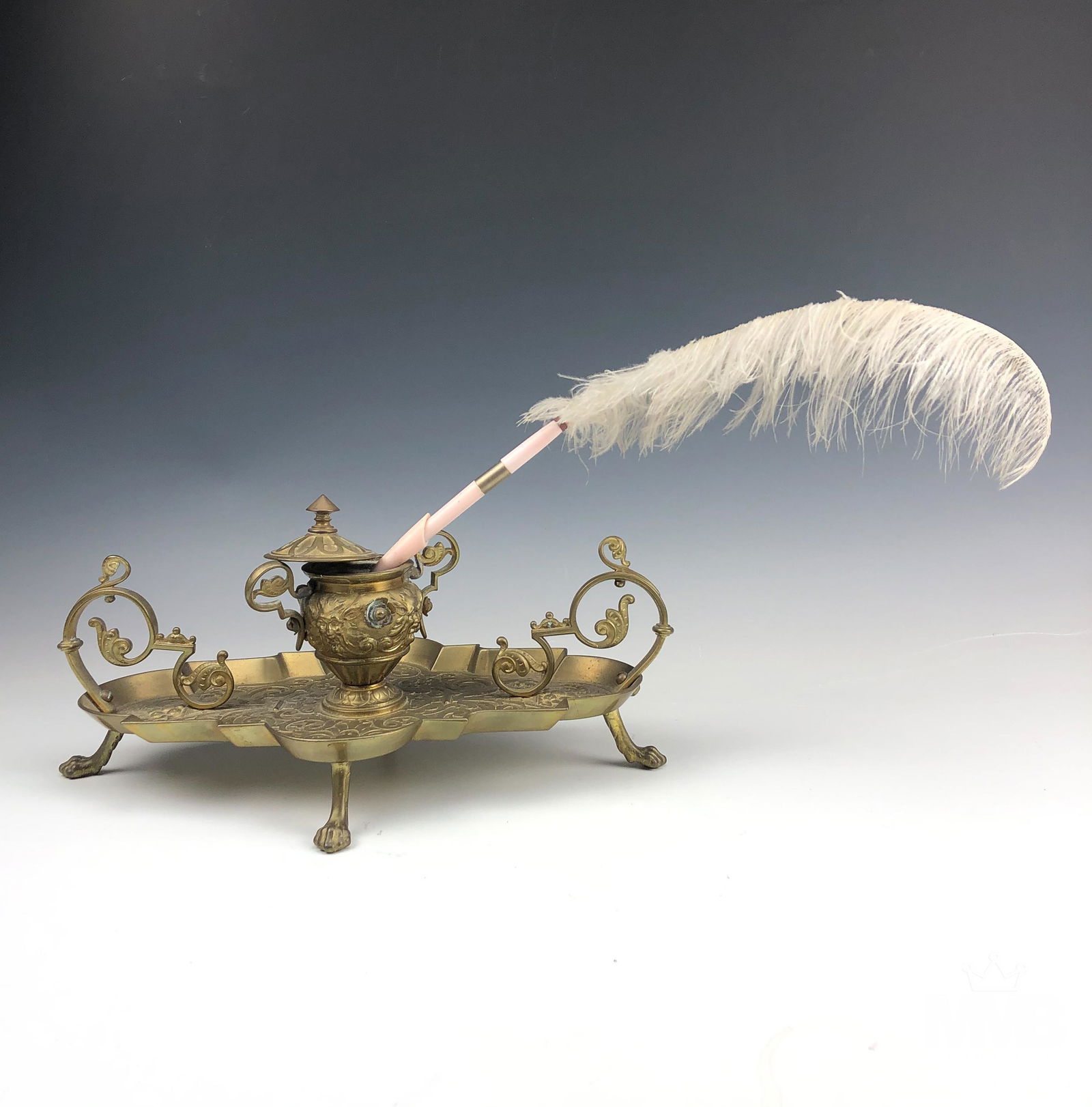 Antique 19c French Brass Mounted Inkwell & Stand (1 of 4)