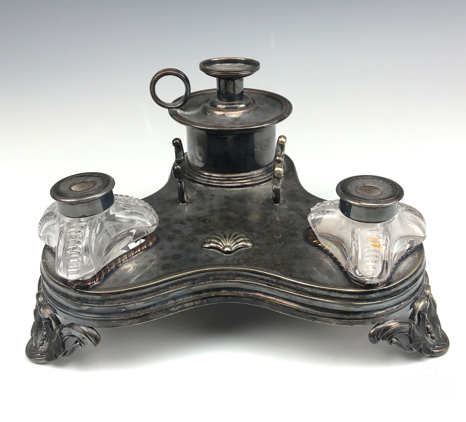 Antique English Silver Plated Double Desk Inkwell (1 of 7)