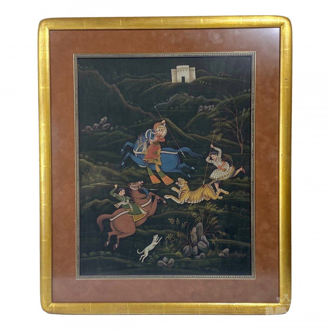 Mughal Empire Hindu Tiger Hunting Art Painting: Mughal Empire (Mogul Empirei). Antique circa 17th to 18th Century fine Mughal oil on board painting. Depicts a scene of hunters, two on horseback another welding traditional hunting weapon in an eveni
