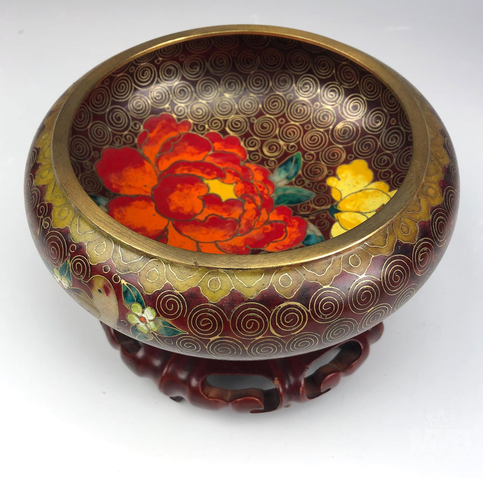 Chinese Export Cloisonne Enamel Bowl & Wood Stand (1 of 5)