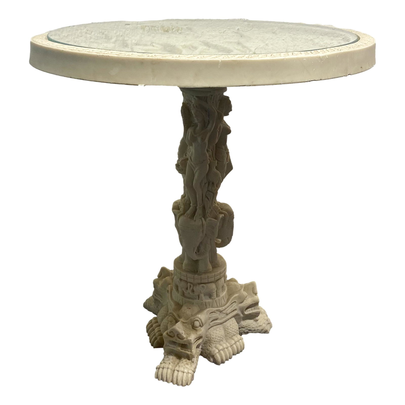 Asian Vintage Carved Resin Figural 19" Table Stand: 20th Century Asian carved stand table. Features an array of carved motifs which are heavily detailed throughout. The base of the table shows an endless plethora of Foo Dogs, Elephants and Women in Nud