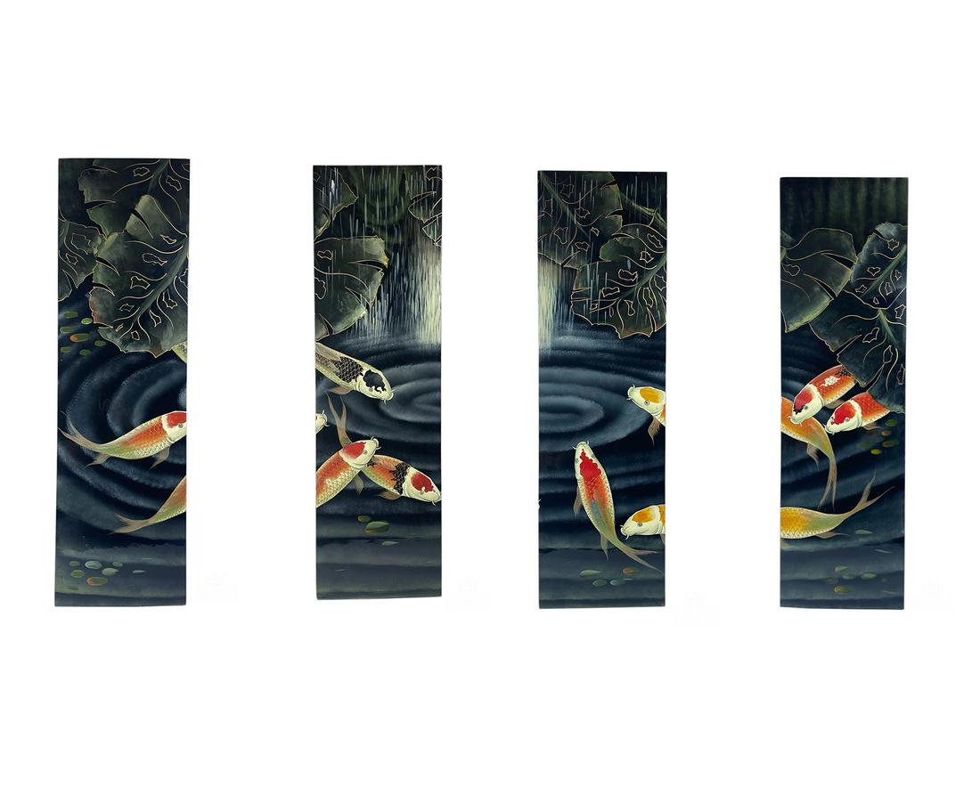 Chinese Hand Painted Koi Fish Pond Lacquer Panels (1 of 6)