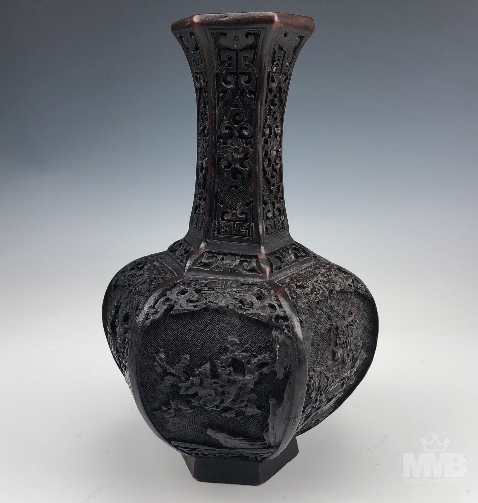 Chinese Vintage 10" Carved Black Cinnabar Vase (1 of 7)
