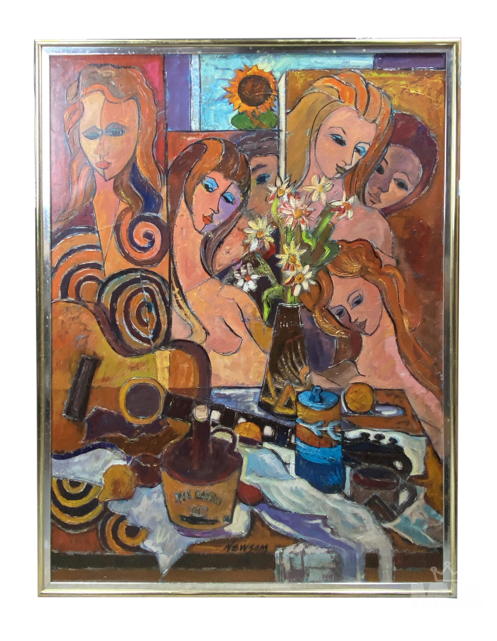 Newsom Modern Signed Nude Still Life Art Painting: Subject matter is that of young bare breasted women, a sunflower painting atop center and a table with miscellaneous objects including a whiskey jug. Signed by artist Newsom. Verso signed Newsom 74 an