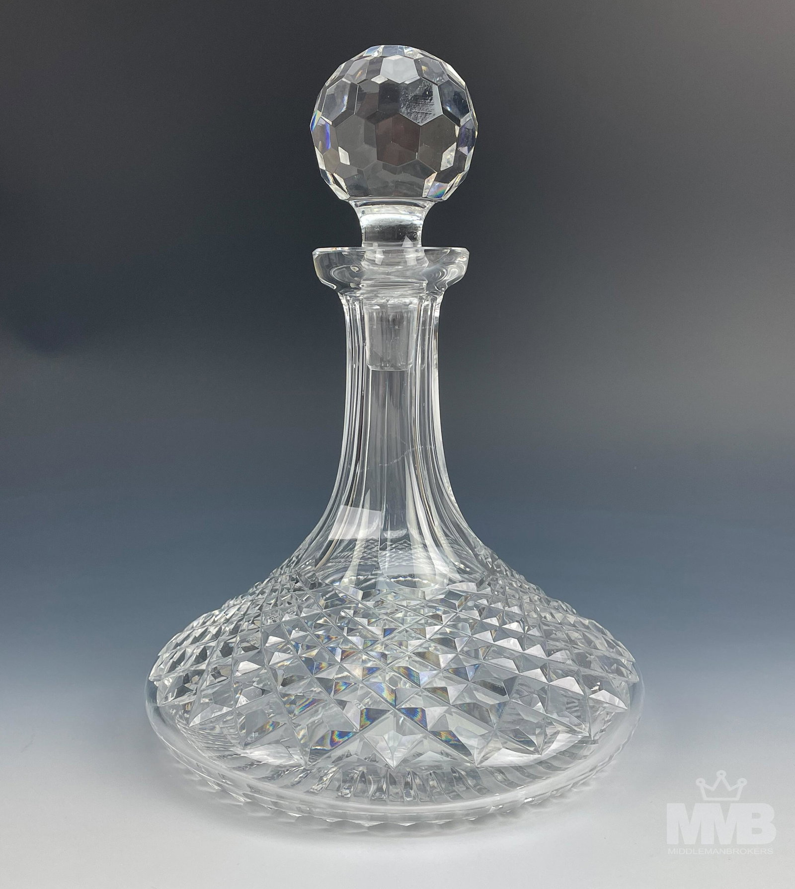 Waterford Lismore Irish Crystal Boat Ship Decanter: Features an Irish Crystal Bar Barware Alcohol Liquor Ship's Decanter. Manufactured by Waterford in their ever popular Lismore pattern. Circa 1957. Design features elongated panels on the neck over a g