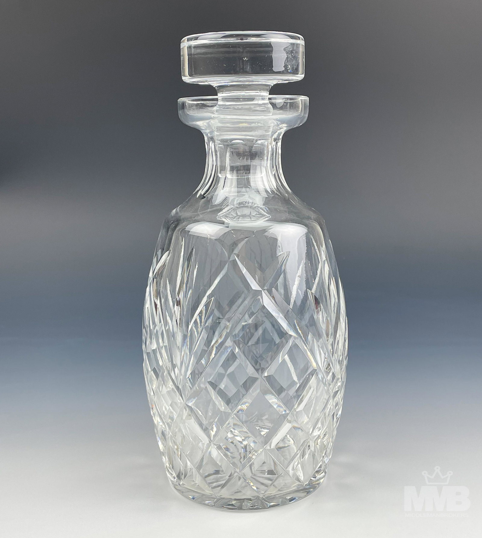 Waterford Irish Crystal Bar Barware Wine Decanter: Waterford Ireland Irish Cut Crystal Alcohol Liquor Bar Barware Glass Decanter. Graced with fans and X stations over a diamond quilted body. Oval cut panels around the neck. 16 point cut starburst on t