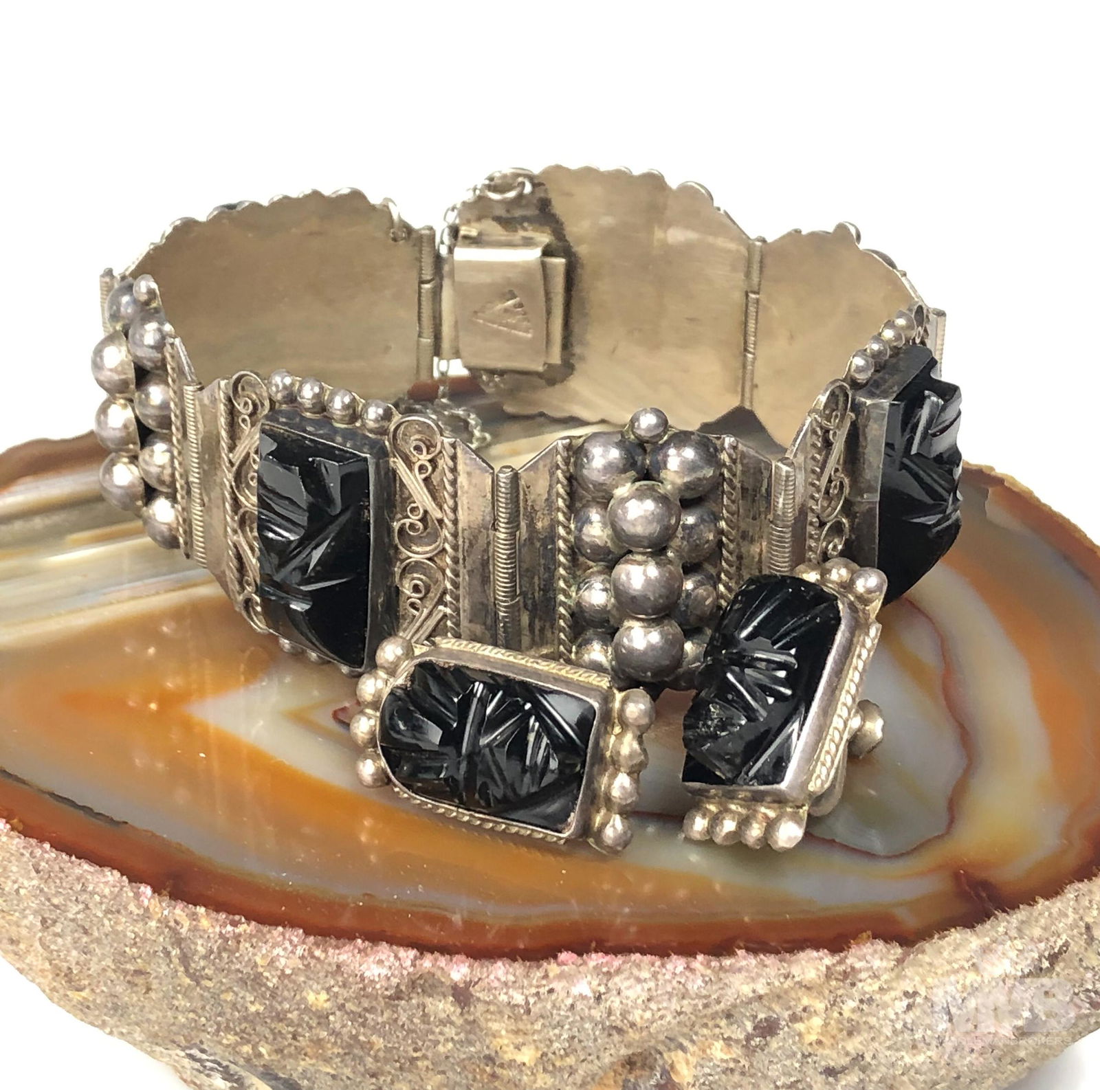 Icuala Mexico Sterling & Onyx Bracelet & Earrings (1 of 3)