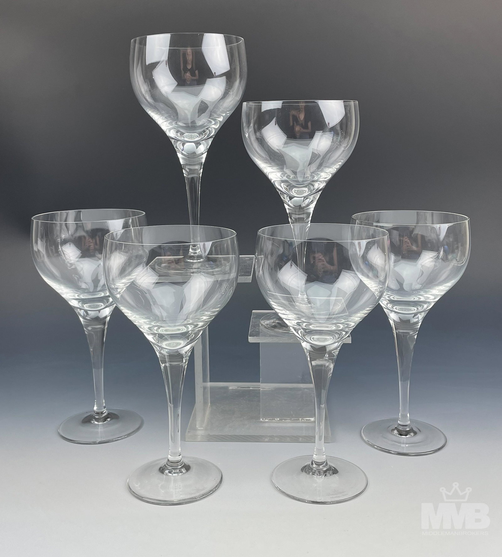 6 Rosenthal Crystal Lotus Plain White Wine Goblets: Signed Set 6 Rosenthal German Crystal Studio Line Bar Barware White Wine Glass Goblets. Modeled in their "Lotus Plain" pattern that was introduced in 1963 and retired in 2006. Good condition. No chips