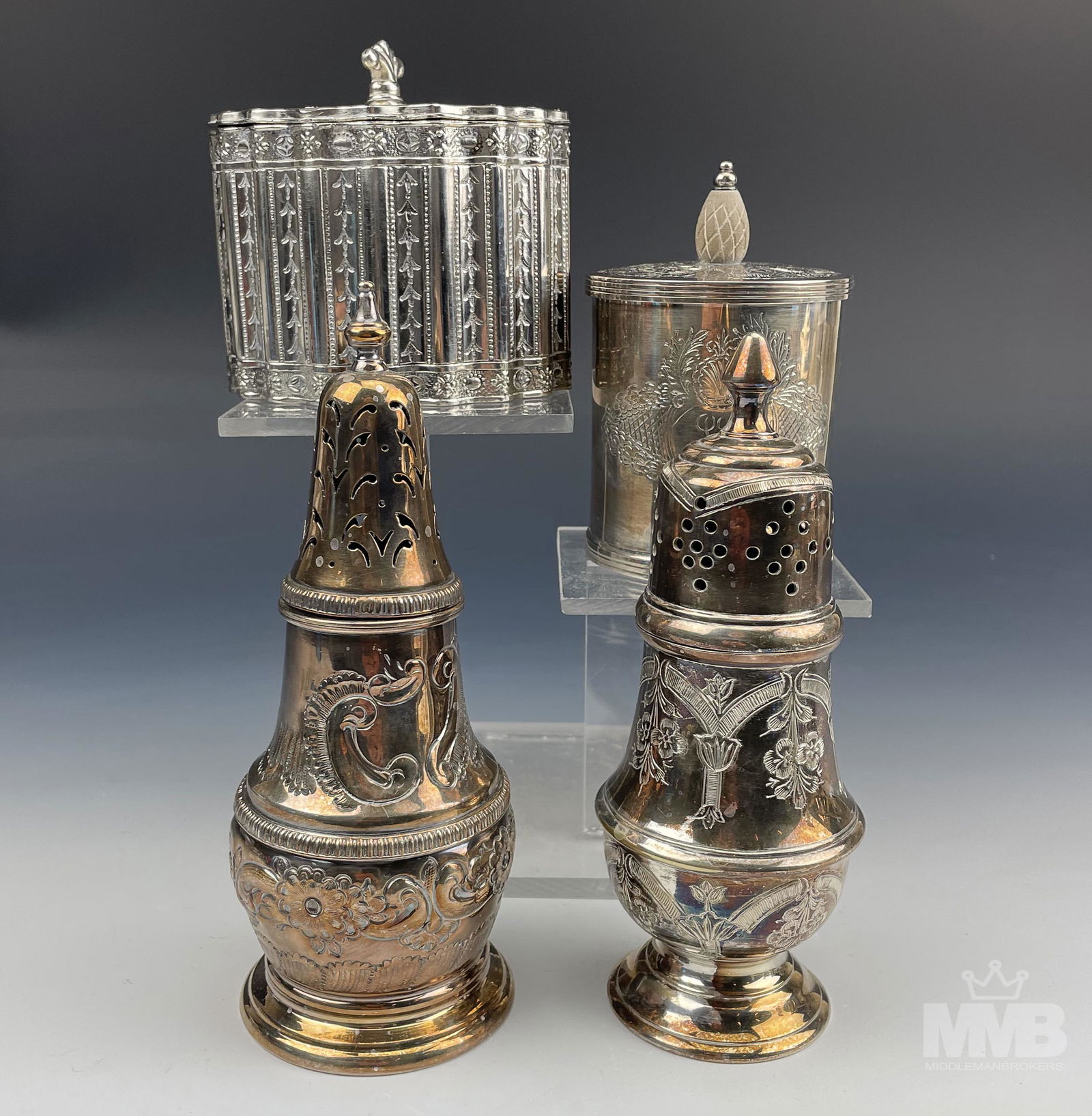 4 Silver Plate Etched Muffineers & Lidded Box Jars (1 of 9)