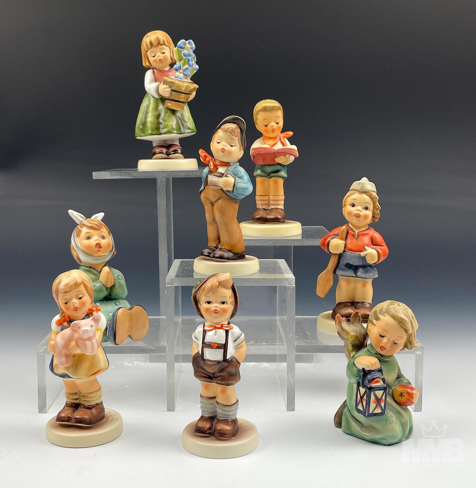 Estate Collection 8 Hummel German Ceramic Figurine: Lot of 8 Hummel German hand painted ceramic figurines. Includes the following. "Brother" # 95 TMK-7. "Birthday Present" # 341 3/0 TMK-7. "Pigtails" # 2052 TMK-. "Ooh My Tooth" # 533 TMK-7. "Honor Stud
