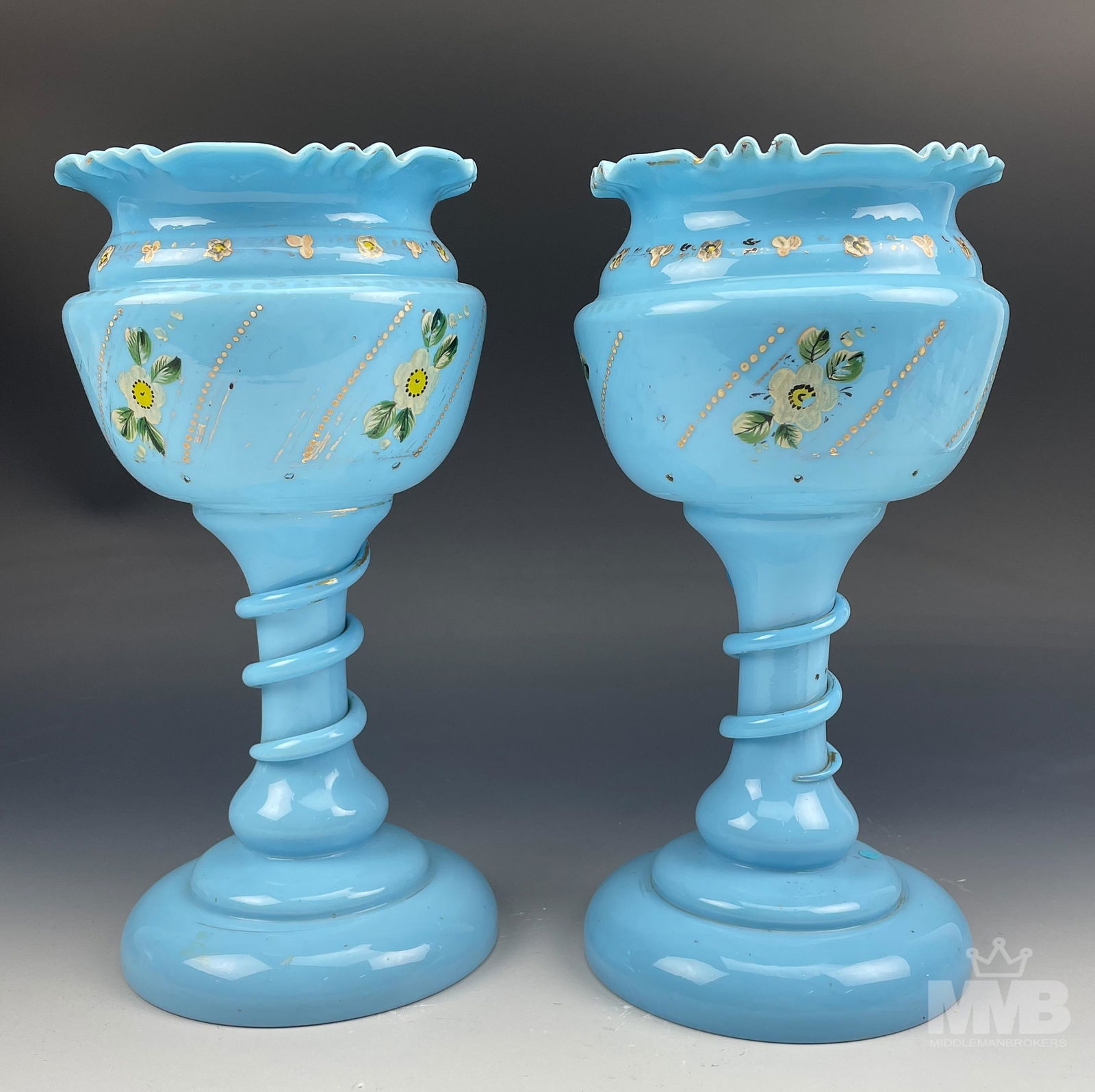 Pr Antique Bristol Blue Opaline Art Glass Lusters (1 of 4)