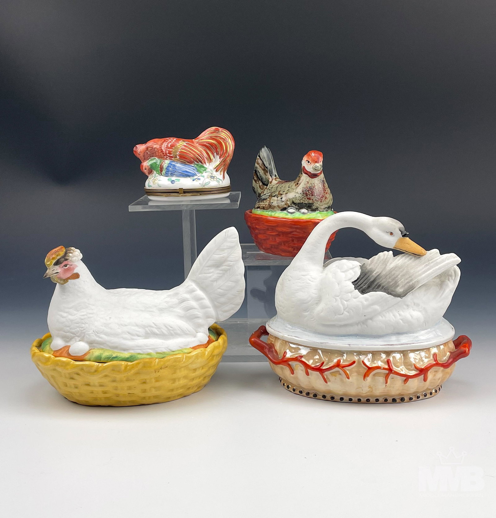 4 Antique Staffordshire Hen Swan Basket Dish Bowls: Late 19th - Early 20th C Antique English Pottery Hen and Swan on Nest Tureen. Manufactured by the Staffordshire Potteries. Includes a white hen on basket, a white swan on ribbed basket with coral deco