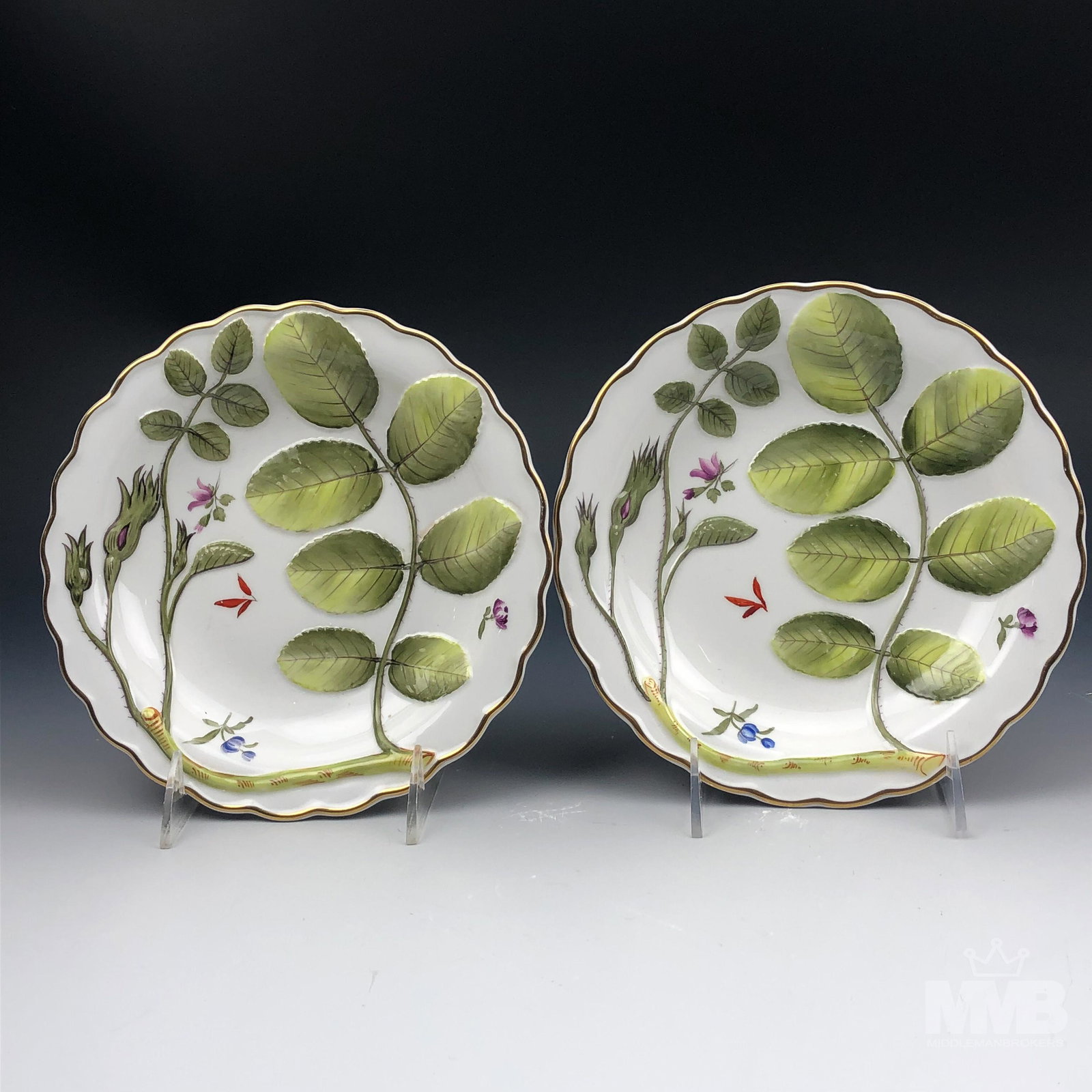 2 Royal Worcester Blind Earl Dessert Serving Bowls: Signed Pair of Royal Worcester English Bone China Dessert Serving Bowls. Modeled in the "Blind Earl" pattern which is now discontinued. Design features raised relief floral decorations against a white