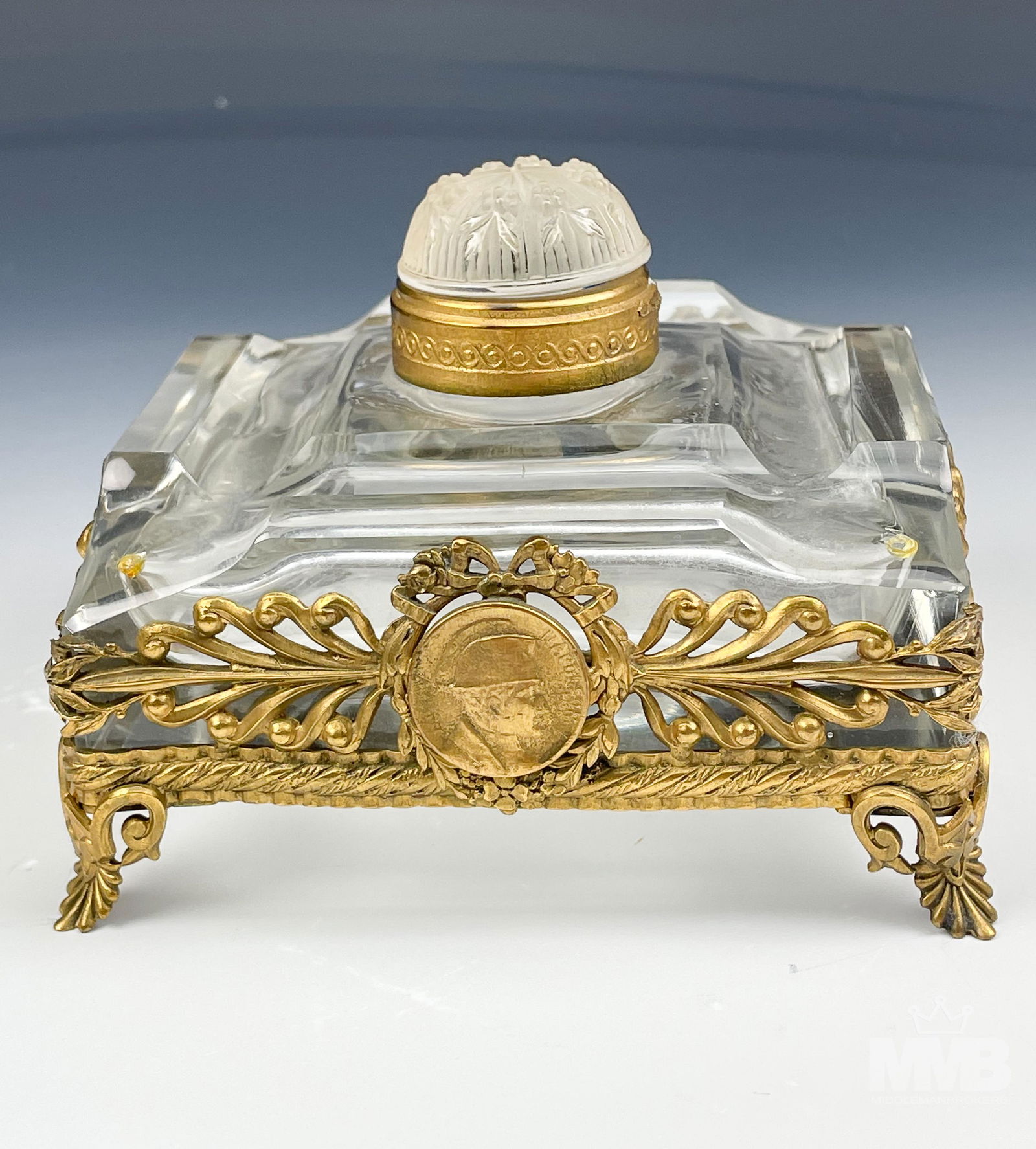 Antique French Dore Bronze Glass Napoleon Inkwell (1 of 6)