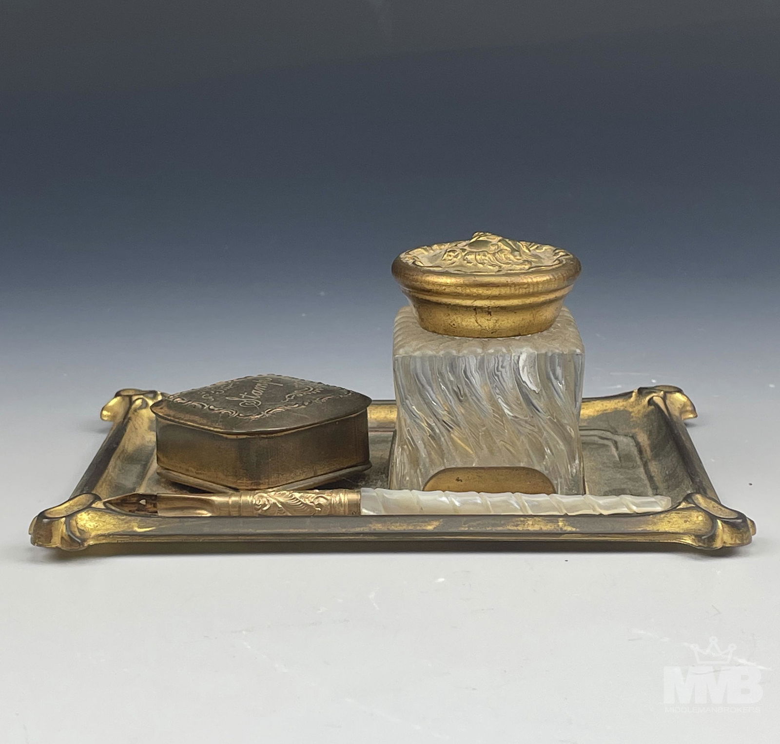 Antique French Gilt Brass Stamp Box Inkwell w/ Pen (1 of 5)