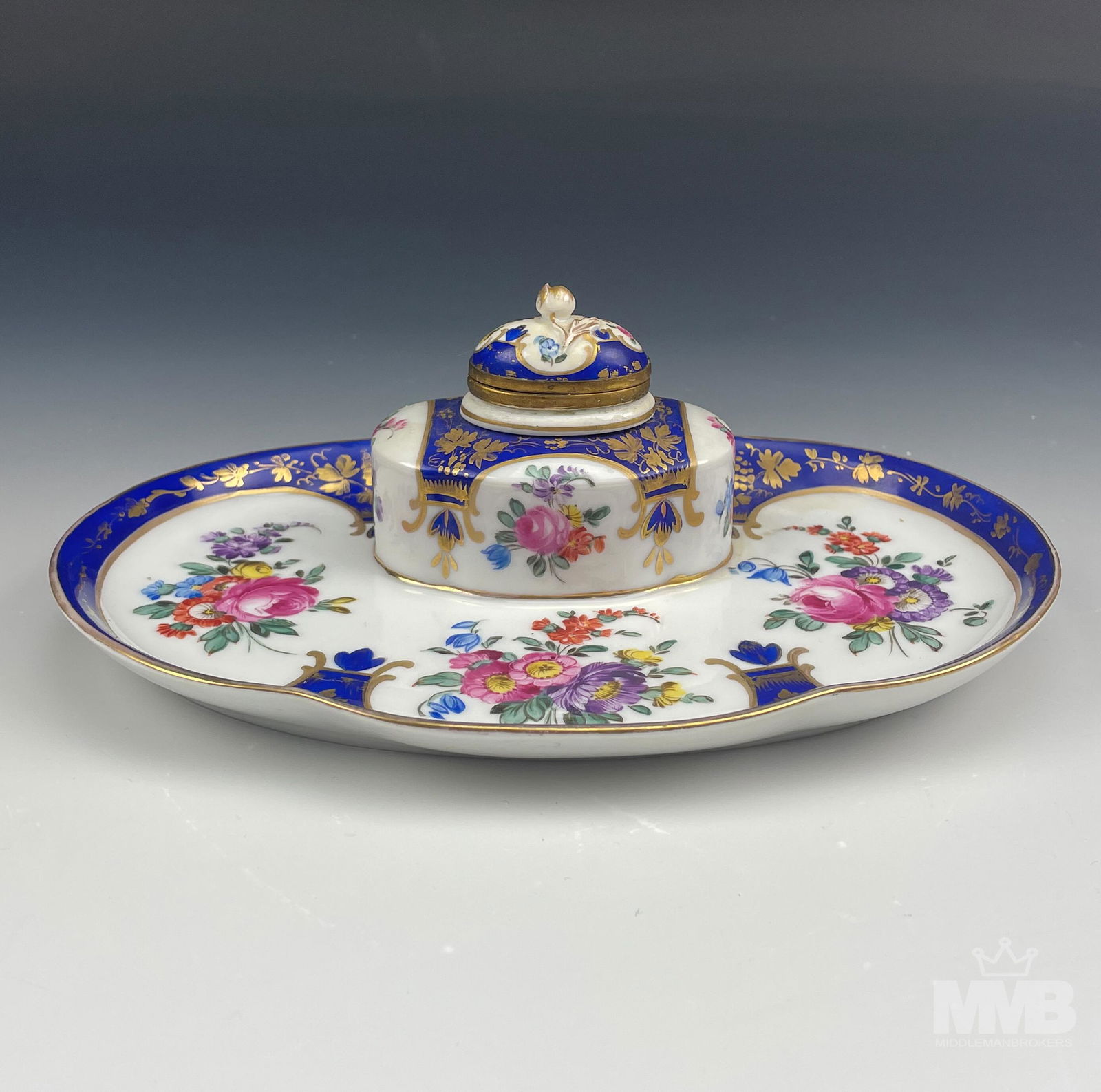 Dresden Saxony Rose Floral Porcelain Desk Inkwell (1 of 4)