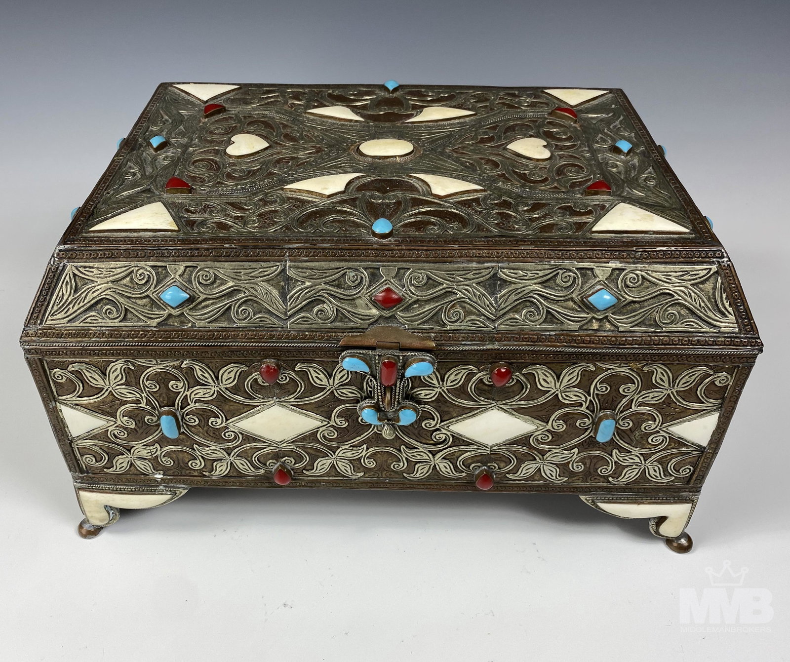 LARGE Moroccan Bejeweled Dowry Love Letter Box: Nice hand crafted generously large bejeweled box having a multitude of uses. The wooden body graced with applied silver plate accents and embellished with blue and red cabochons and camel bone accents
