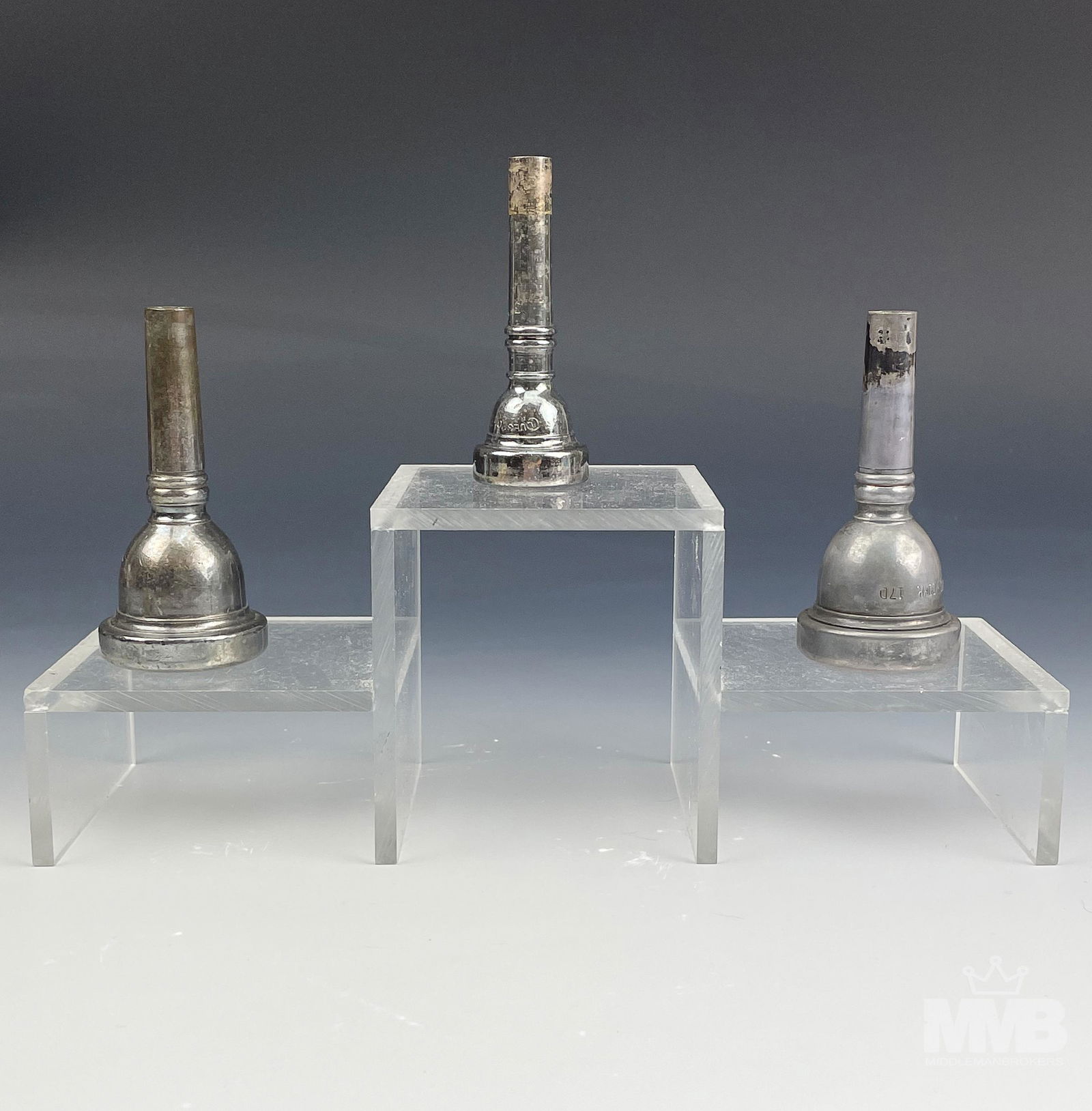 Bach Fischer Couesnon Trombone Trumpet Mouth Piece: Estate Collection Lot of 3 Trumpet, Trombone, Tuba, French Horn Mouth Pieces. The names include Vincent Bach Corp 17D, Carl Fischer 11C with asterix symbol and Coussnon. NO monograms. All original pat